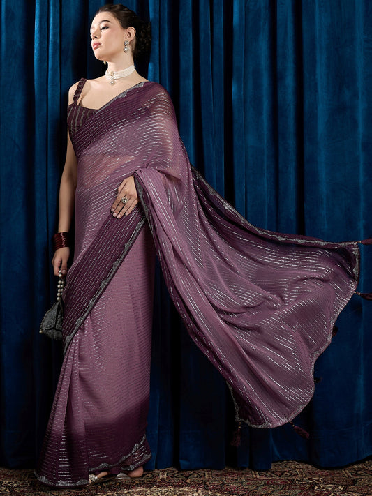 Violet Polyester Sequin Embroidered Modern Aesthetic Saree - Ressa