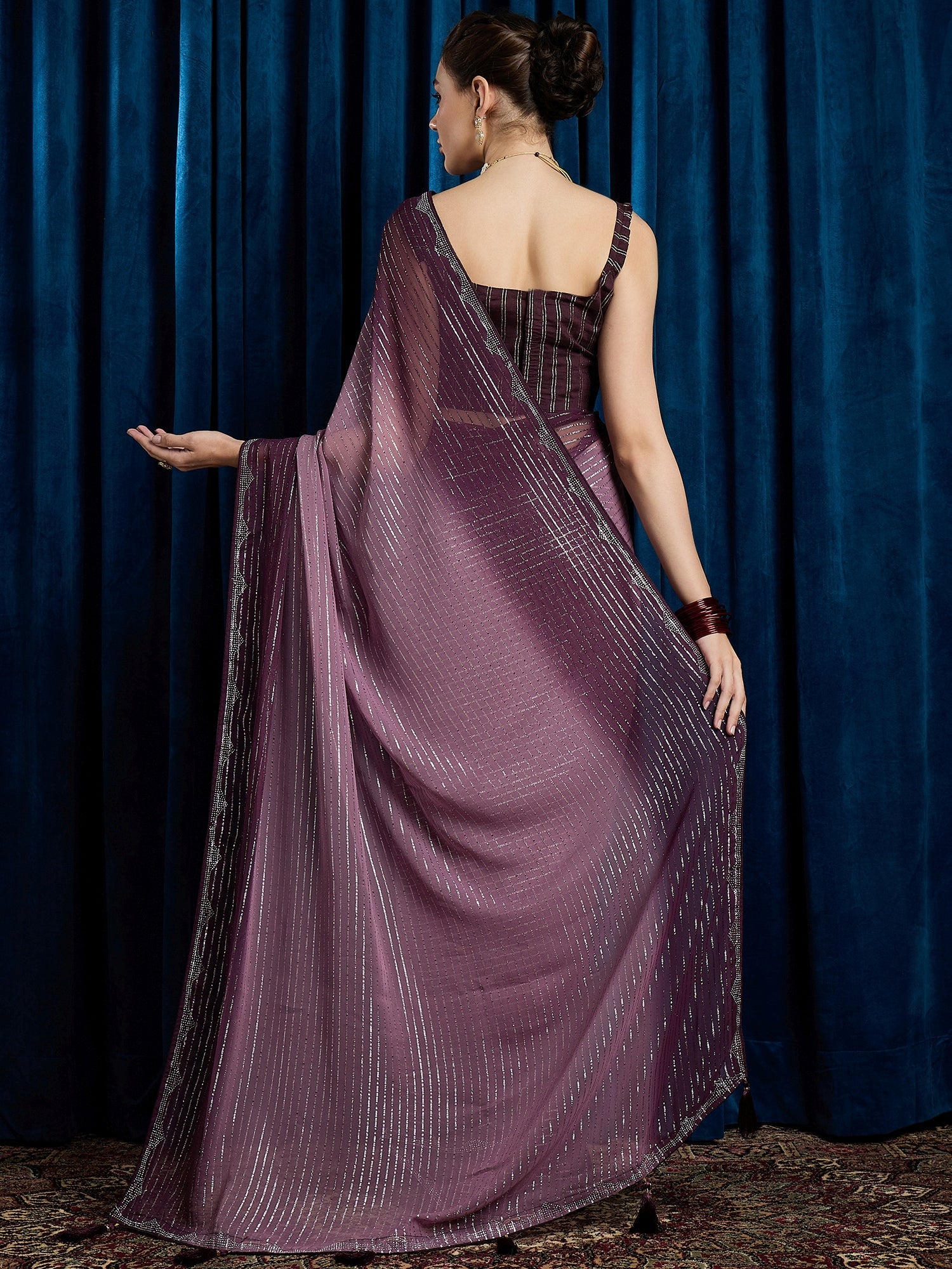 Violet Polyester Sequin Embroidered Modern Aesthetic Saree - Ressa