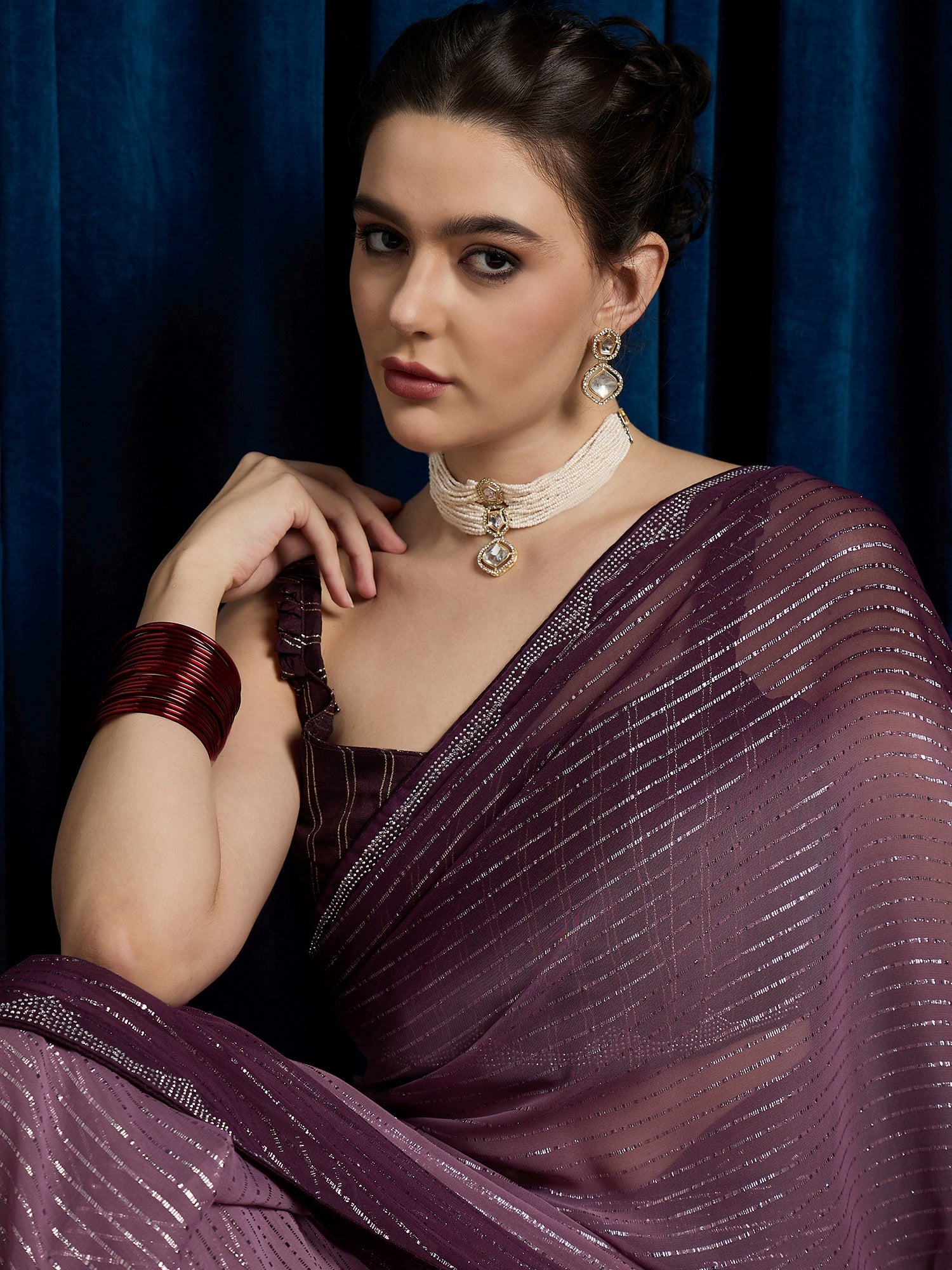 Violet Polyester Sequin Embroidered Modern Aesthetic Saree - Ressa