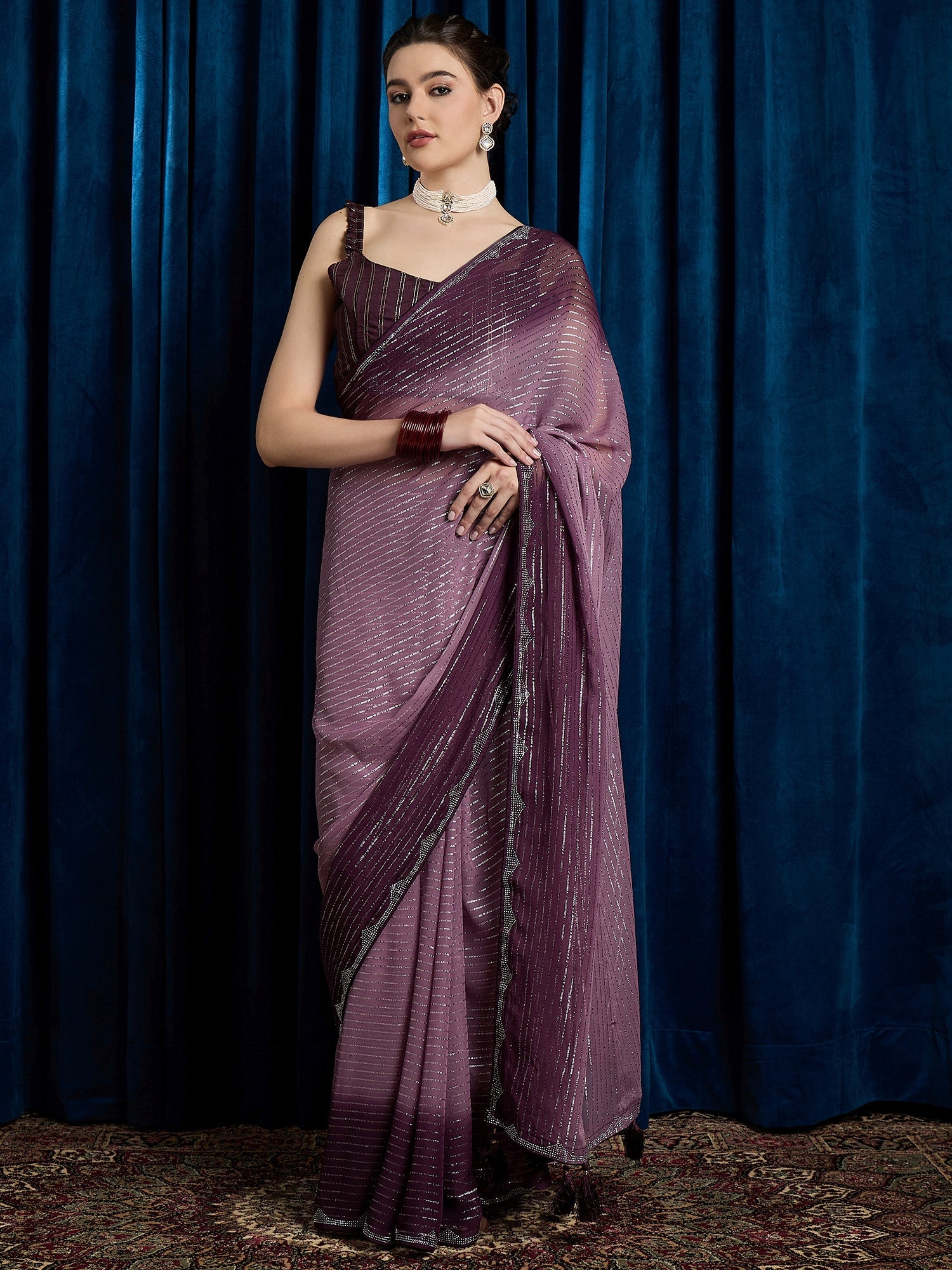 Violet Polyester Sequin Embroidered Modern Aesthetic Saree - Ressa