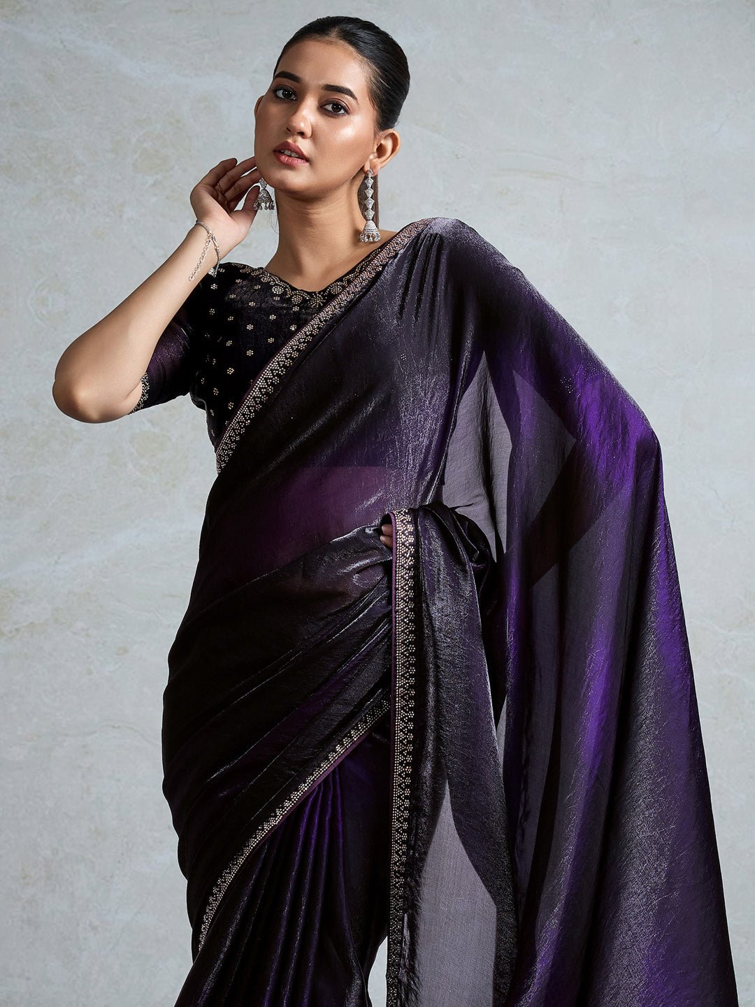 Violet Polyester Shimmer Finish Embroidered Border saree - Ressa