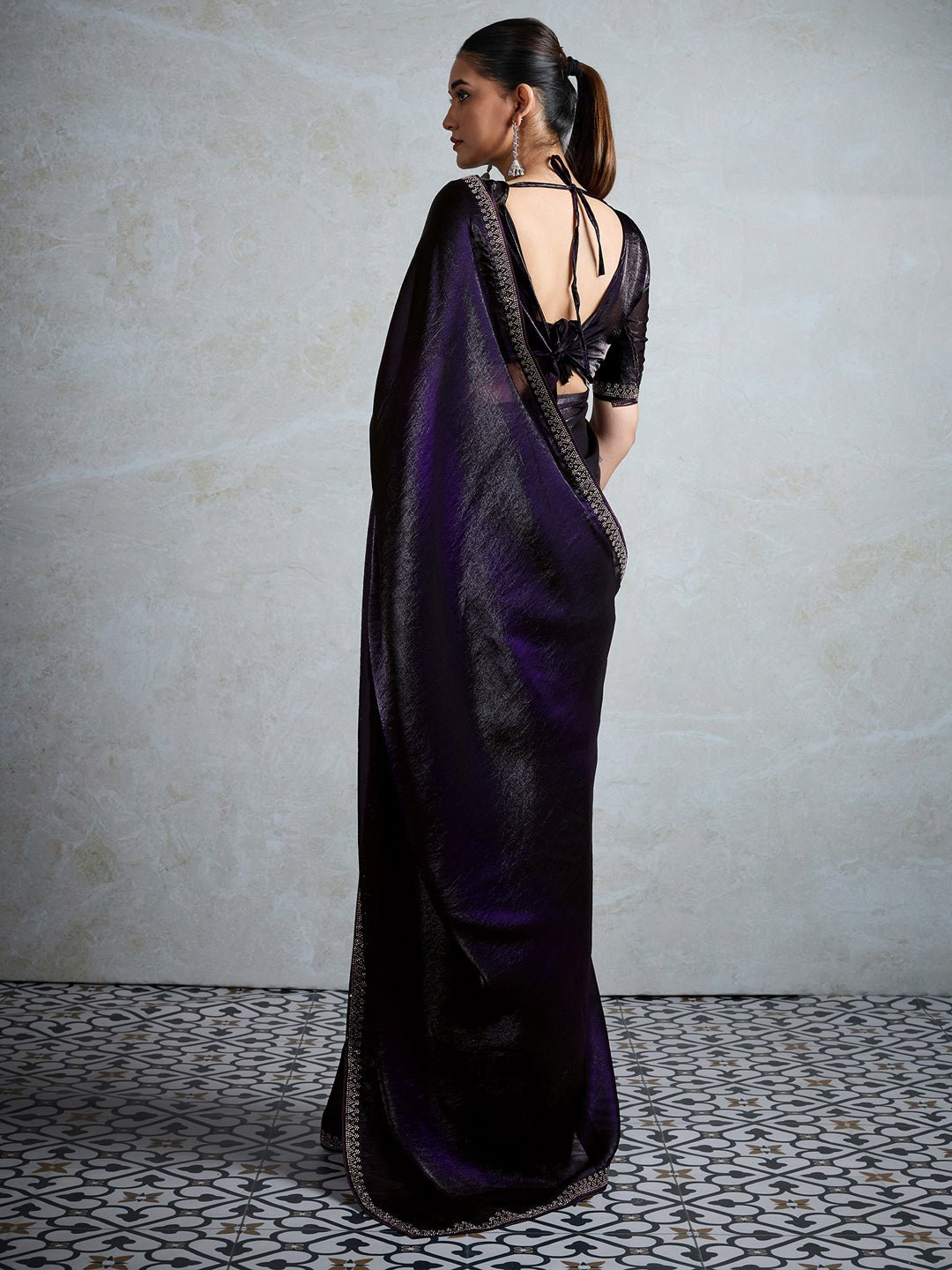 Violet Polyester Shimmer Finish Embroidered Border saree - Ressa