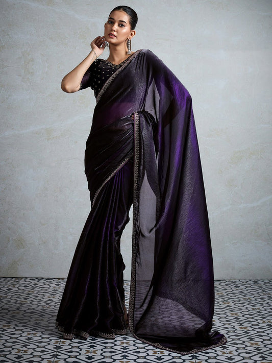 Violet Polyester Shimmer Finish Embroidered Border saree - Ressa