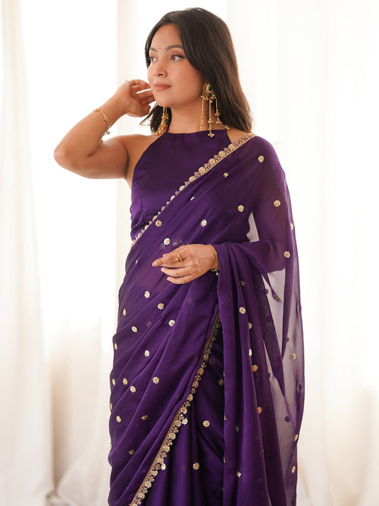 Violet Purple Pure Georgette Saree with Scalloped Gota Patti Border - Ressa