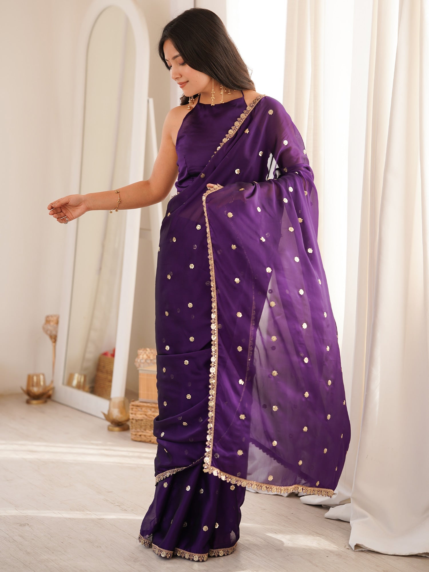 Violet Purple Pure Georgette Saree with Scalloped Gota Patti Border - Ressa