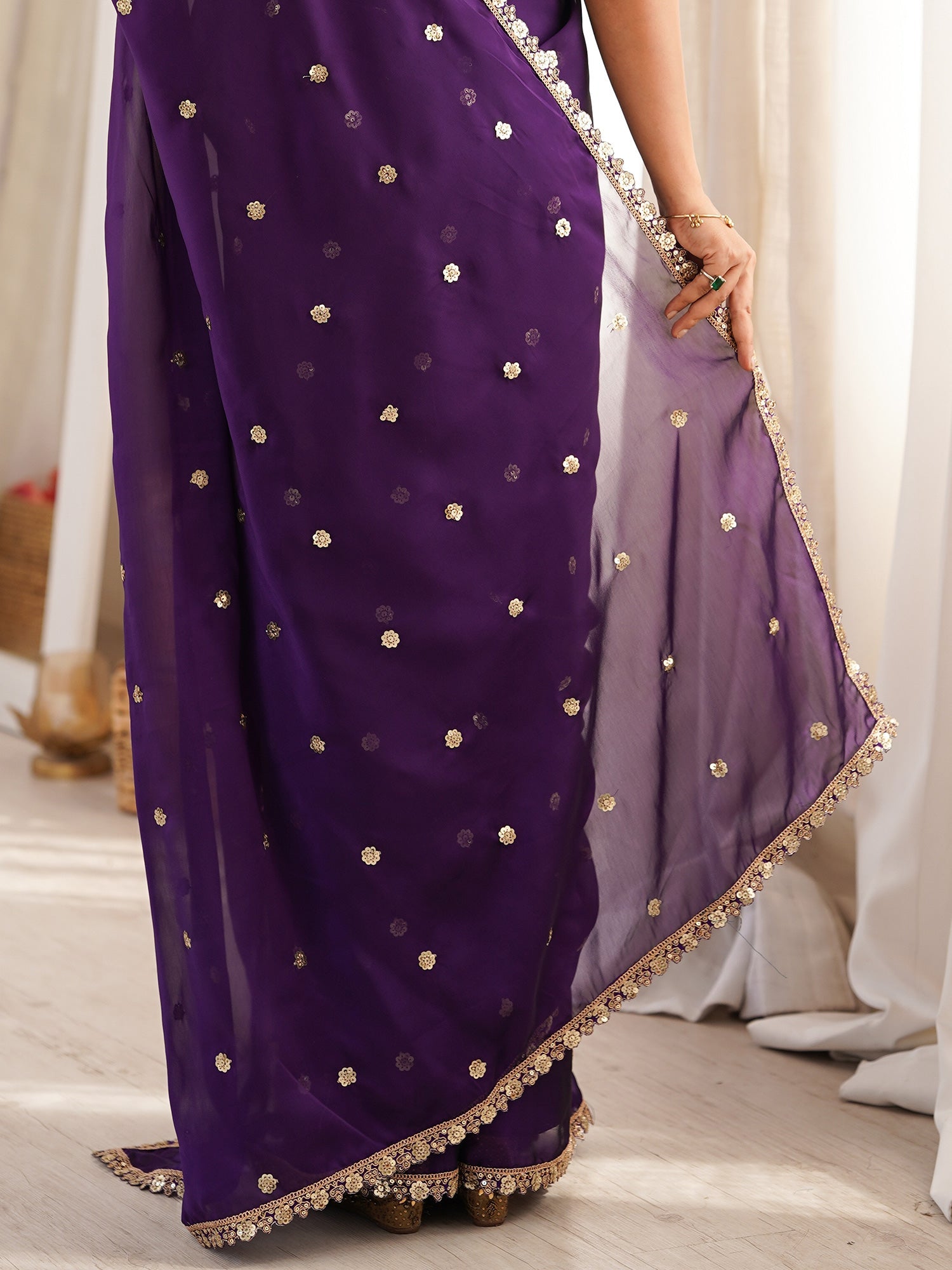 Violet Purple Pure Georgette Saree with Scalloped Gota Patti Border - Ressa