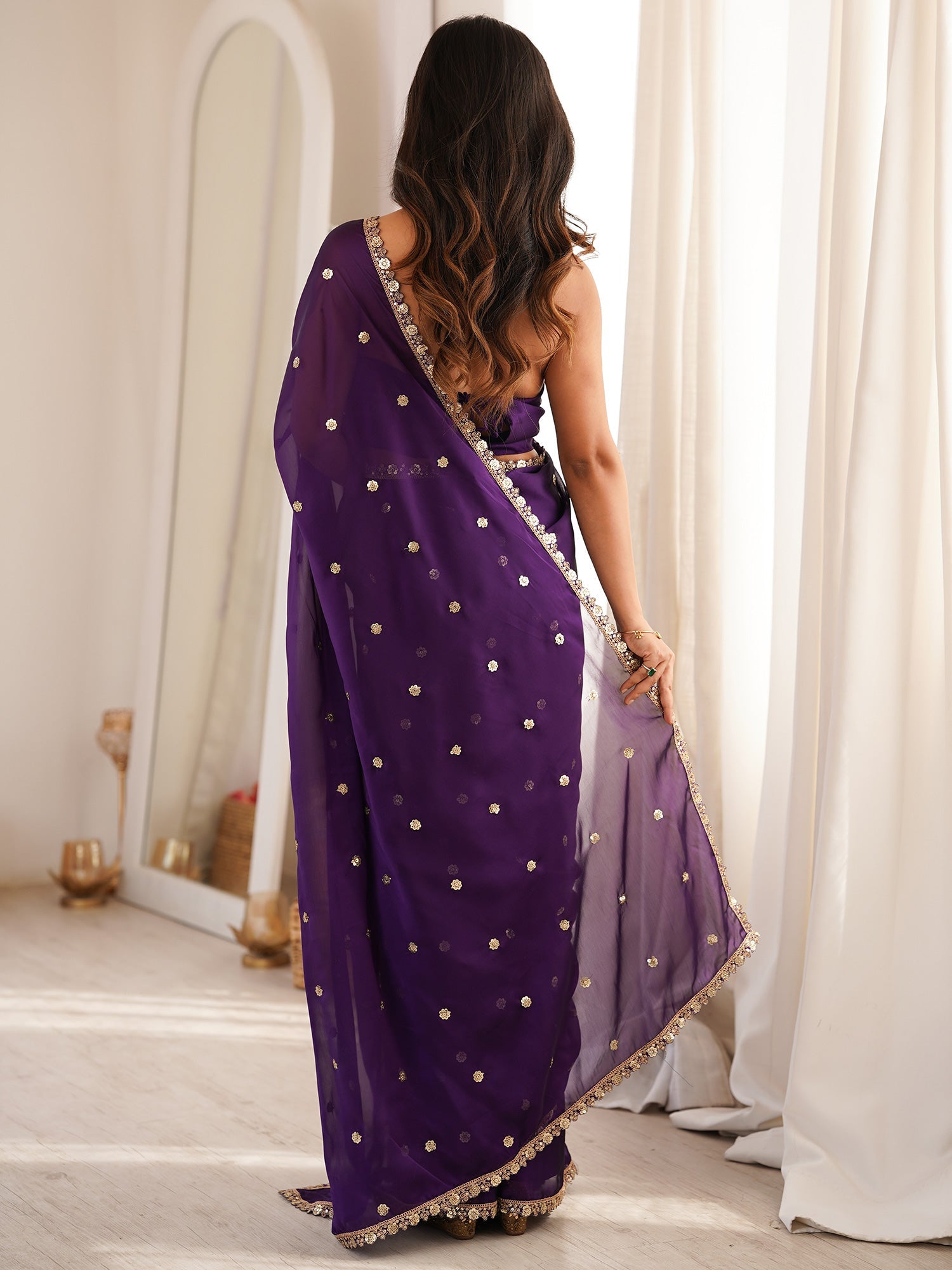 Violet Purple Pure Georgette Saree with Scalloped Gota Patti Border - Ressa