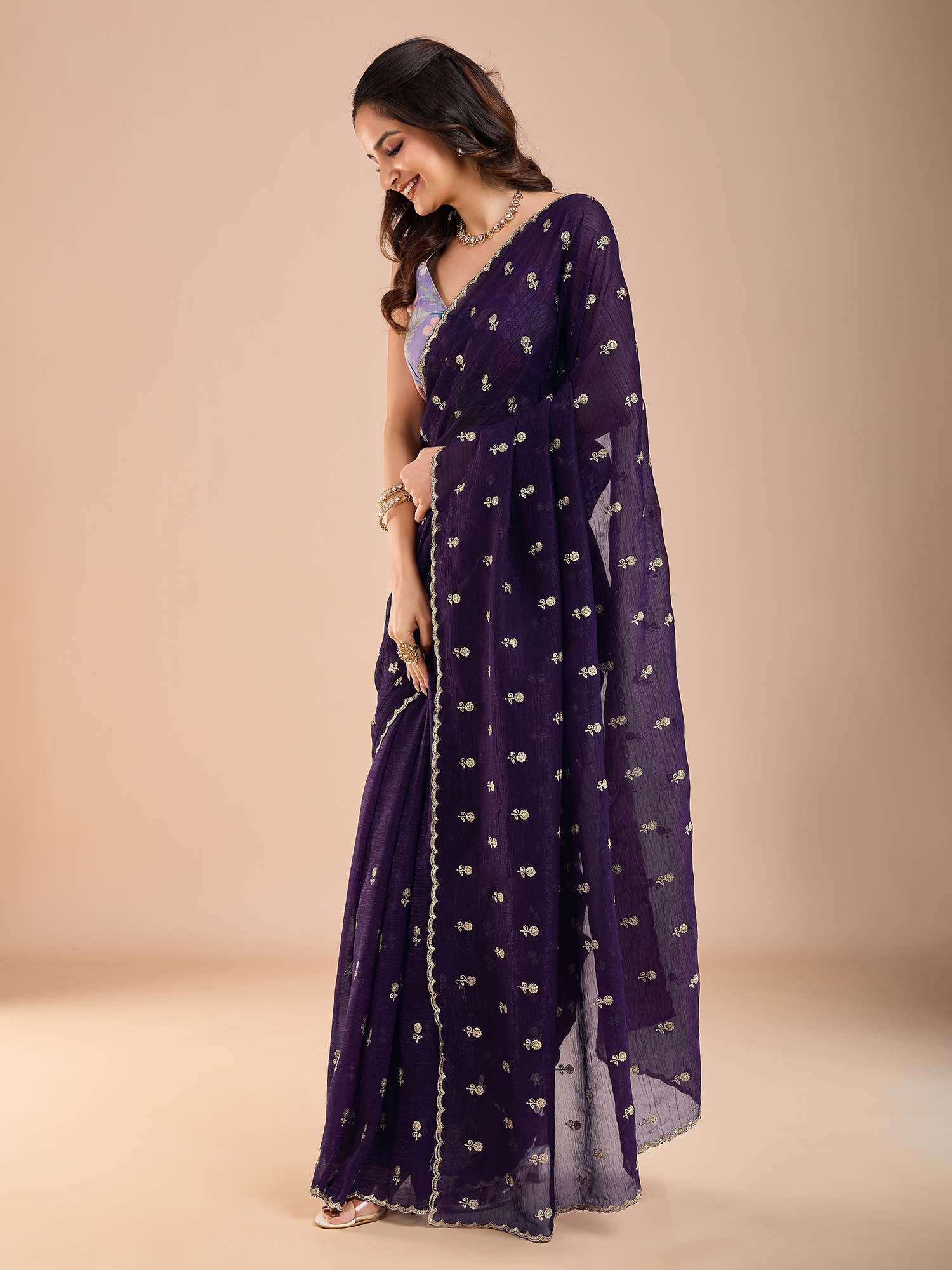 Violet Tissue Embroidery Saree - Ressa