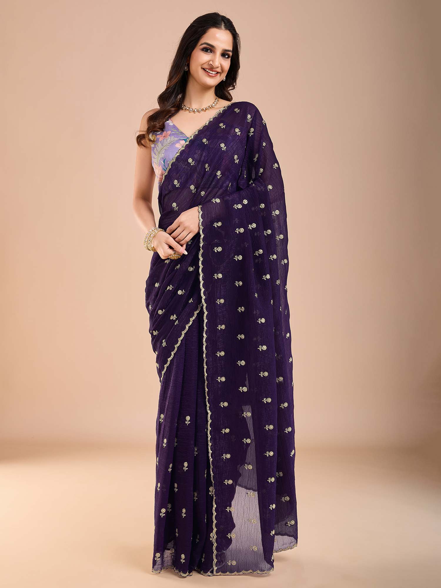 Violet Tissue Embroidery Saree - Ressa