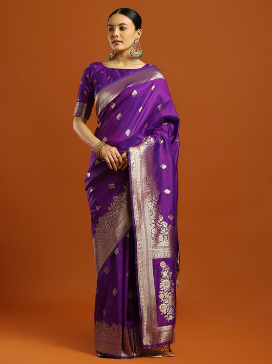 Violet With Gold Zari Woven Banarasi Silk Saree - Ressa