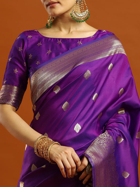 Violet With Gold Zari Woven Banarasi Silk Saree - Ressa