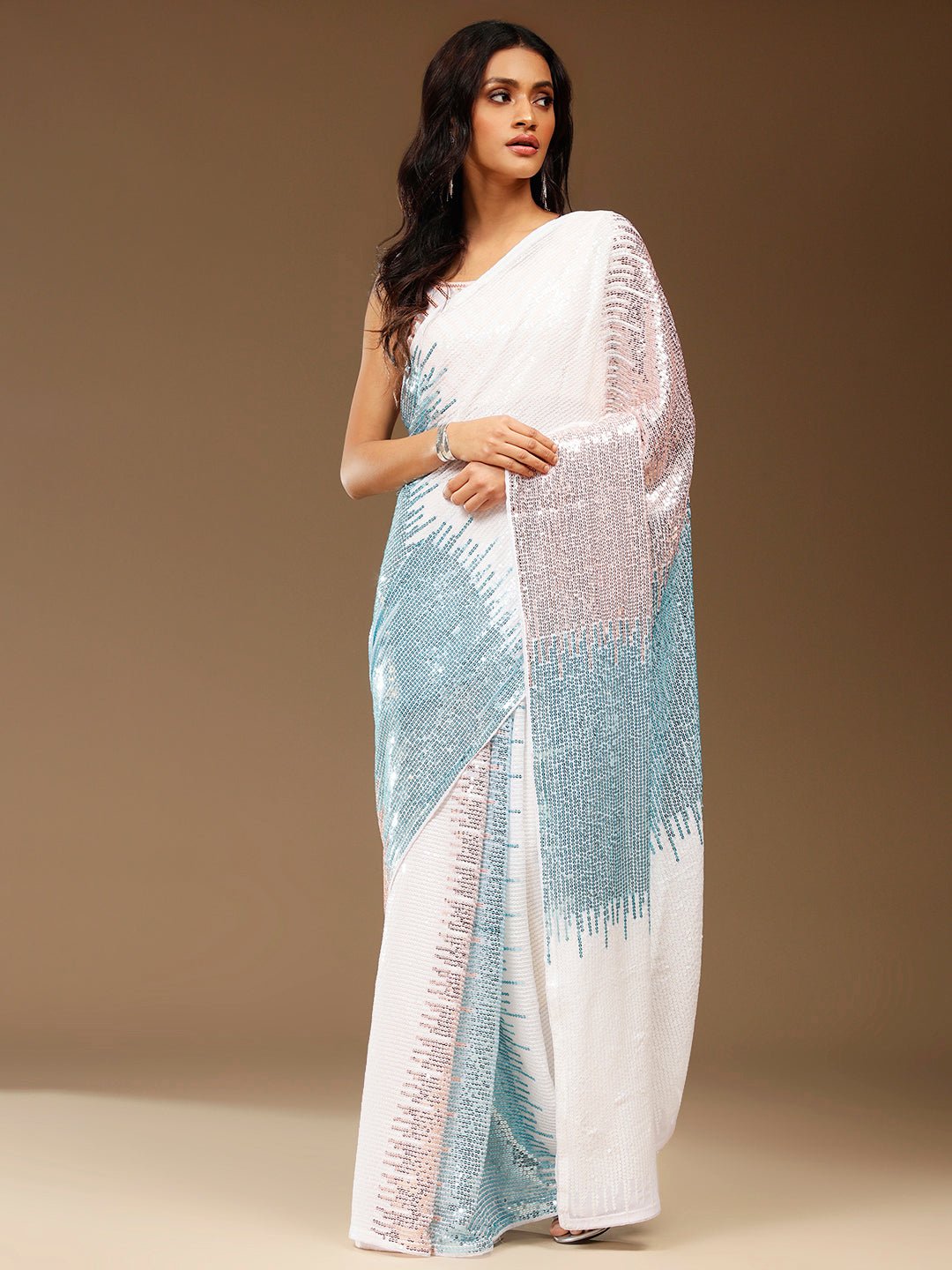 White & Blue Sequin Georgette Saree - Ressa