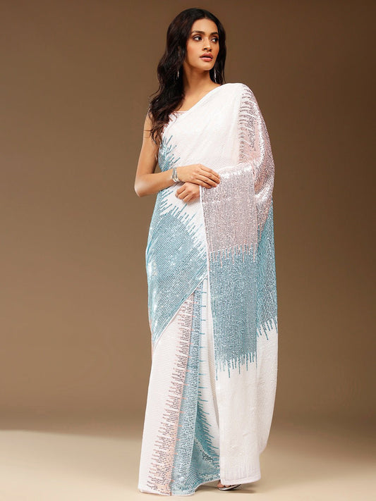 White & Blue Sequin Georgette Saree - Ressa