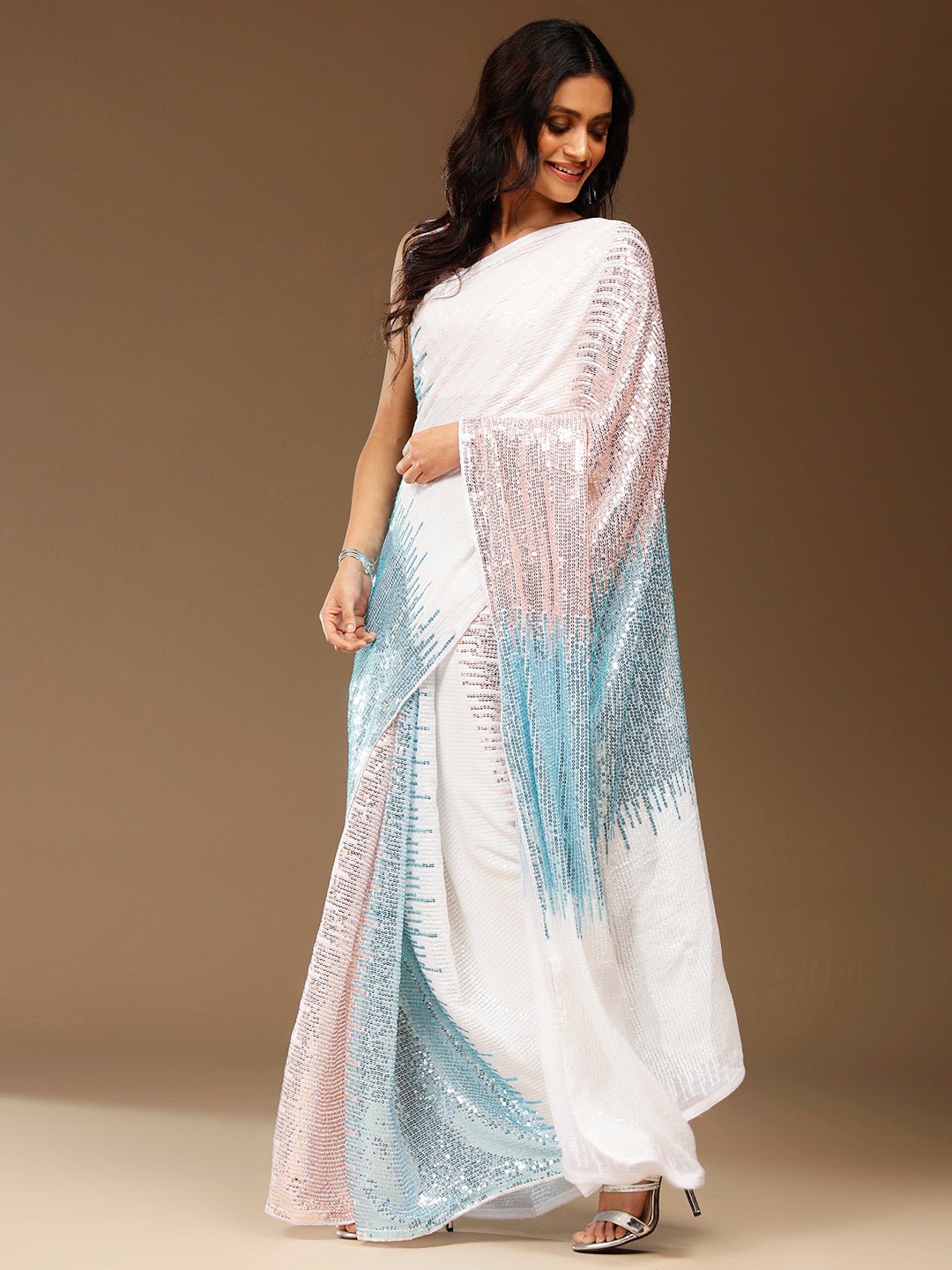 White & Blue Sequin Georgette Saree - Ressa