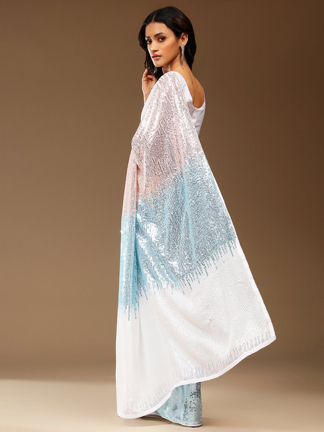 White & Blue Sequin Georgette Saree - Ressa