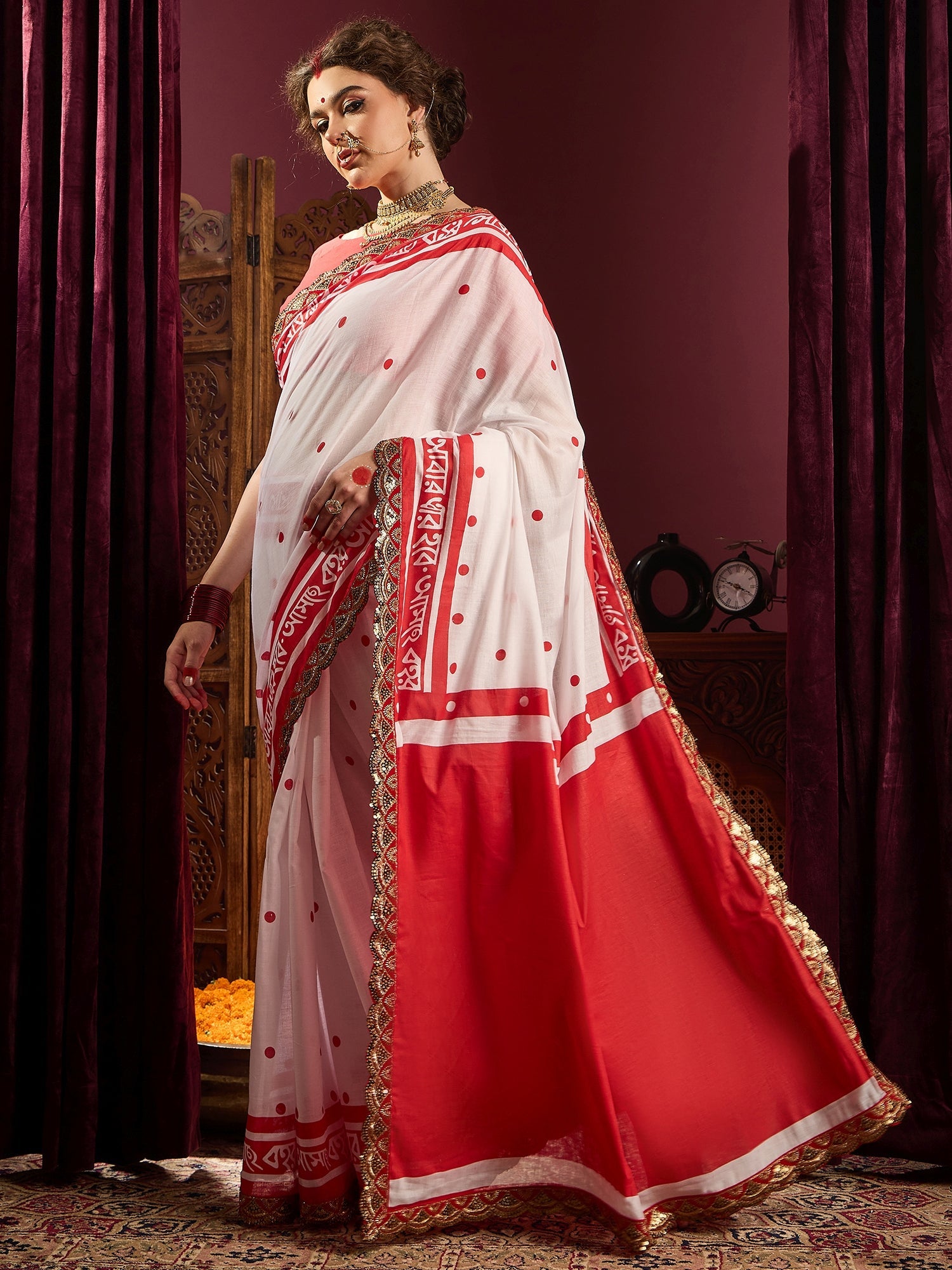 White Cotton Print Saree - Ressa