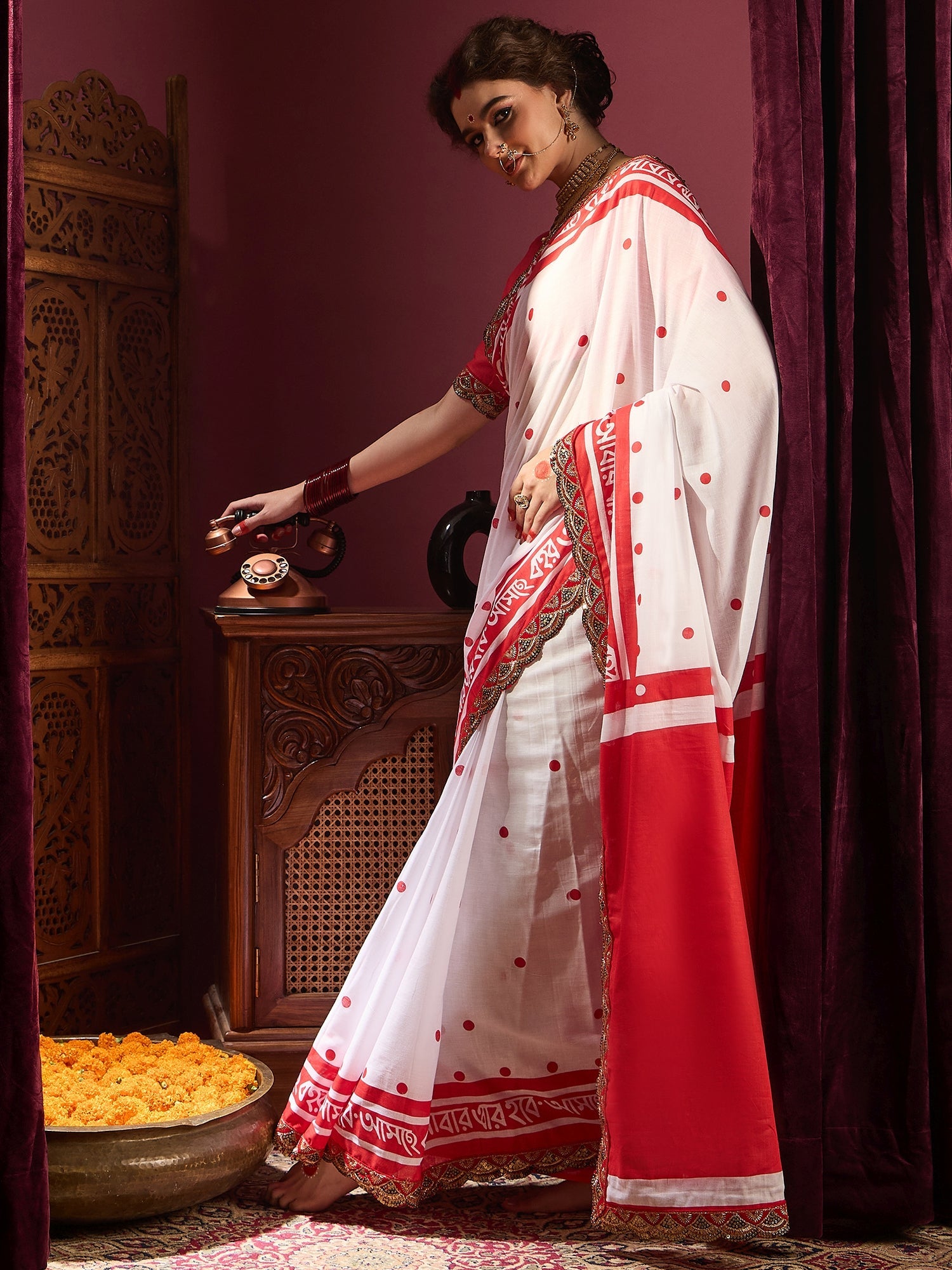 White Cotton Print Saree - Ressa