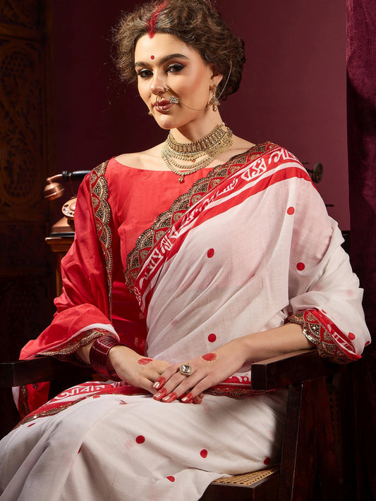 White Cotton Print Saree - Ressa