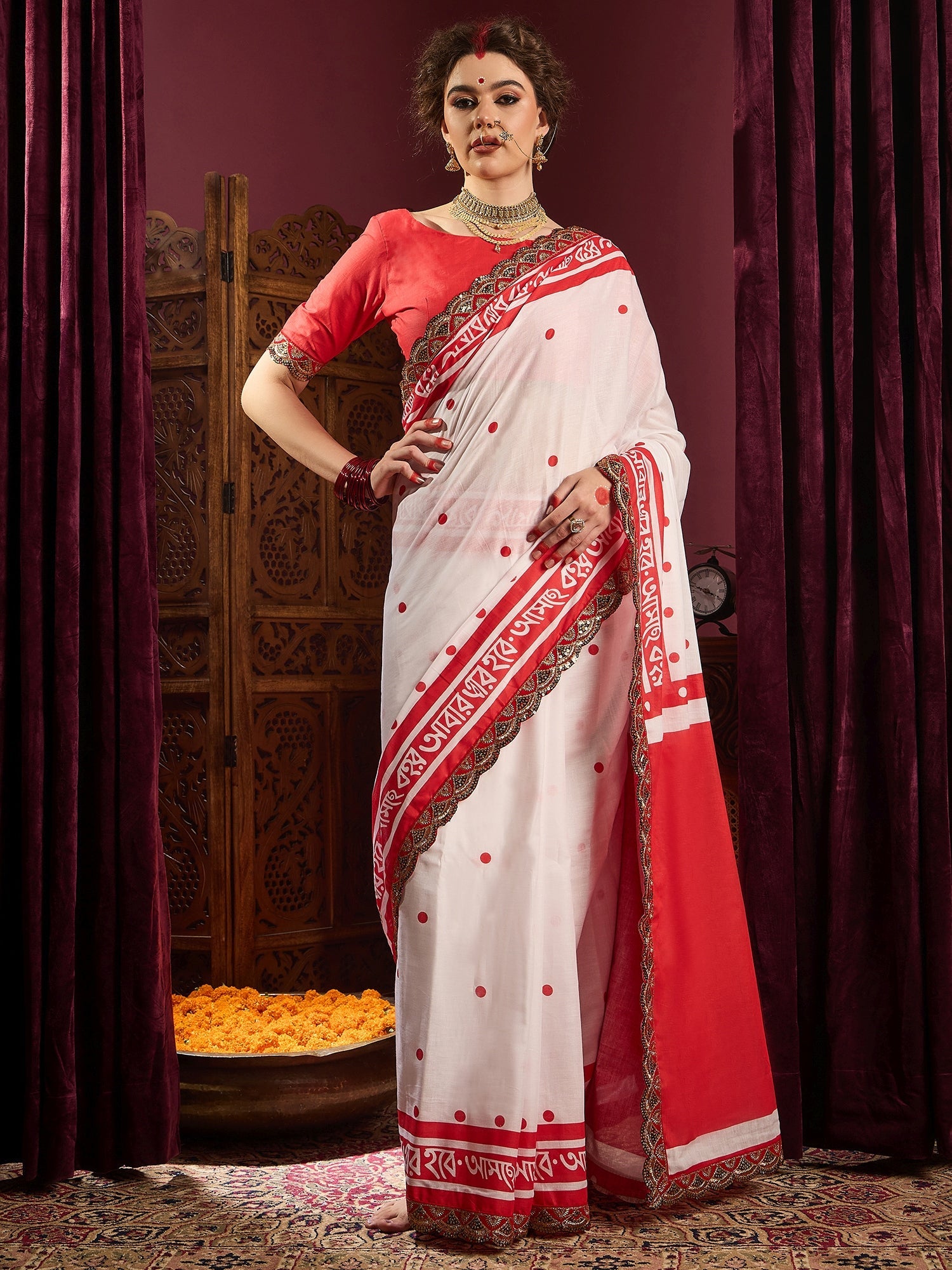 White Cotton Print Saree - Ressa