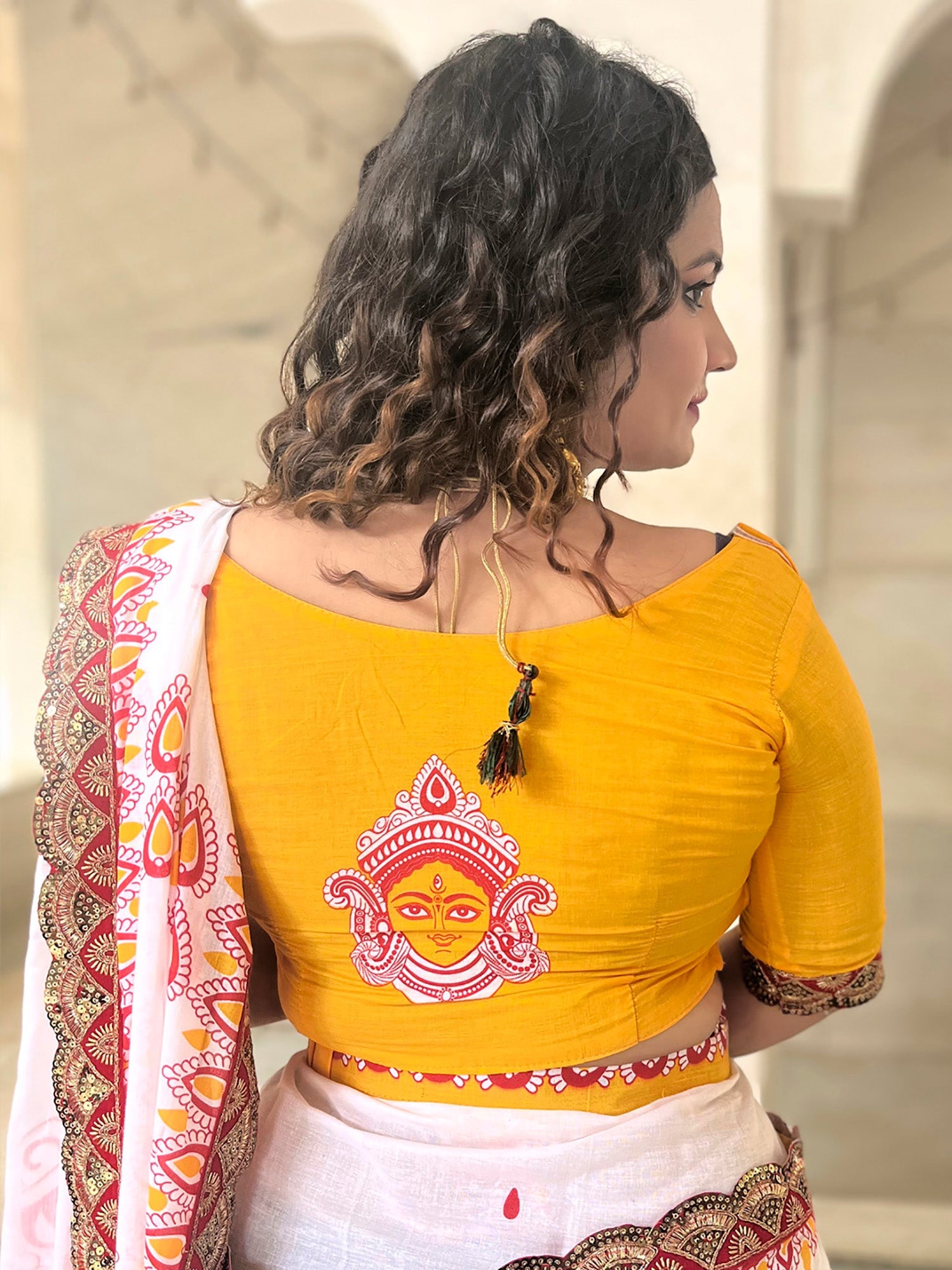 White Cotton Saree with Durga Print Blouse - Ressa