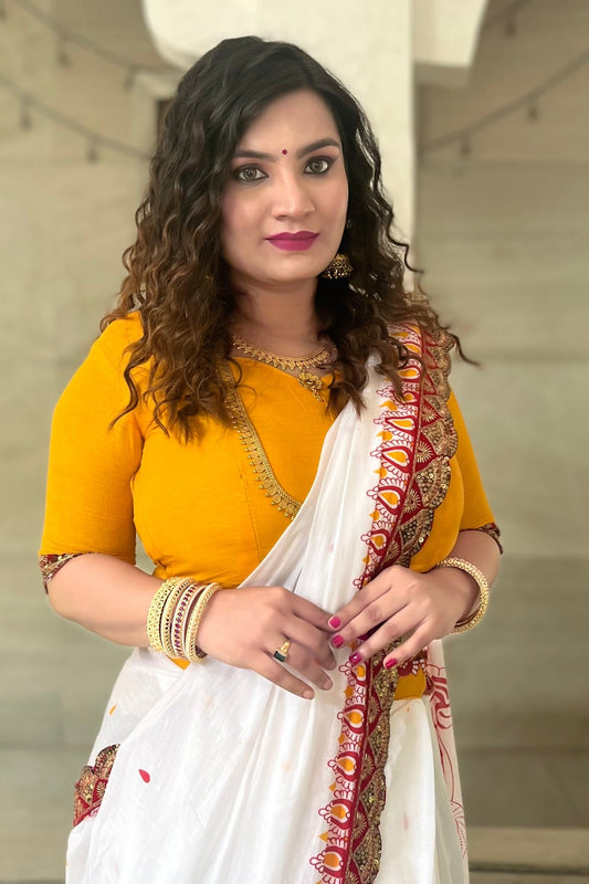 White Cotton Saree with Durga Print Blouse - Ressa