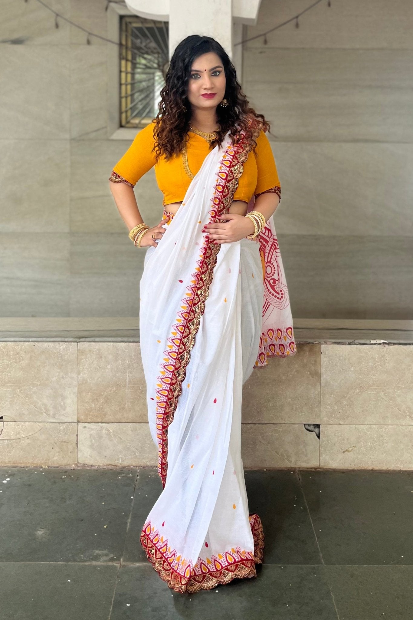 White Cotton Saree with Durga Print Blouse - Ressa
