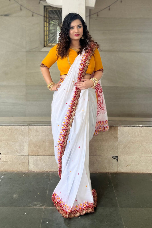 White Cotton Saree with Durga Print Blouse - Ressa