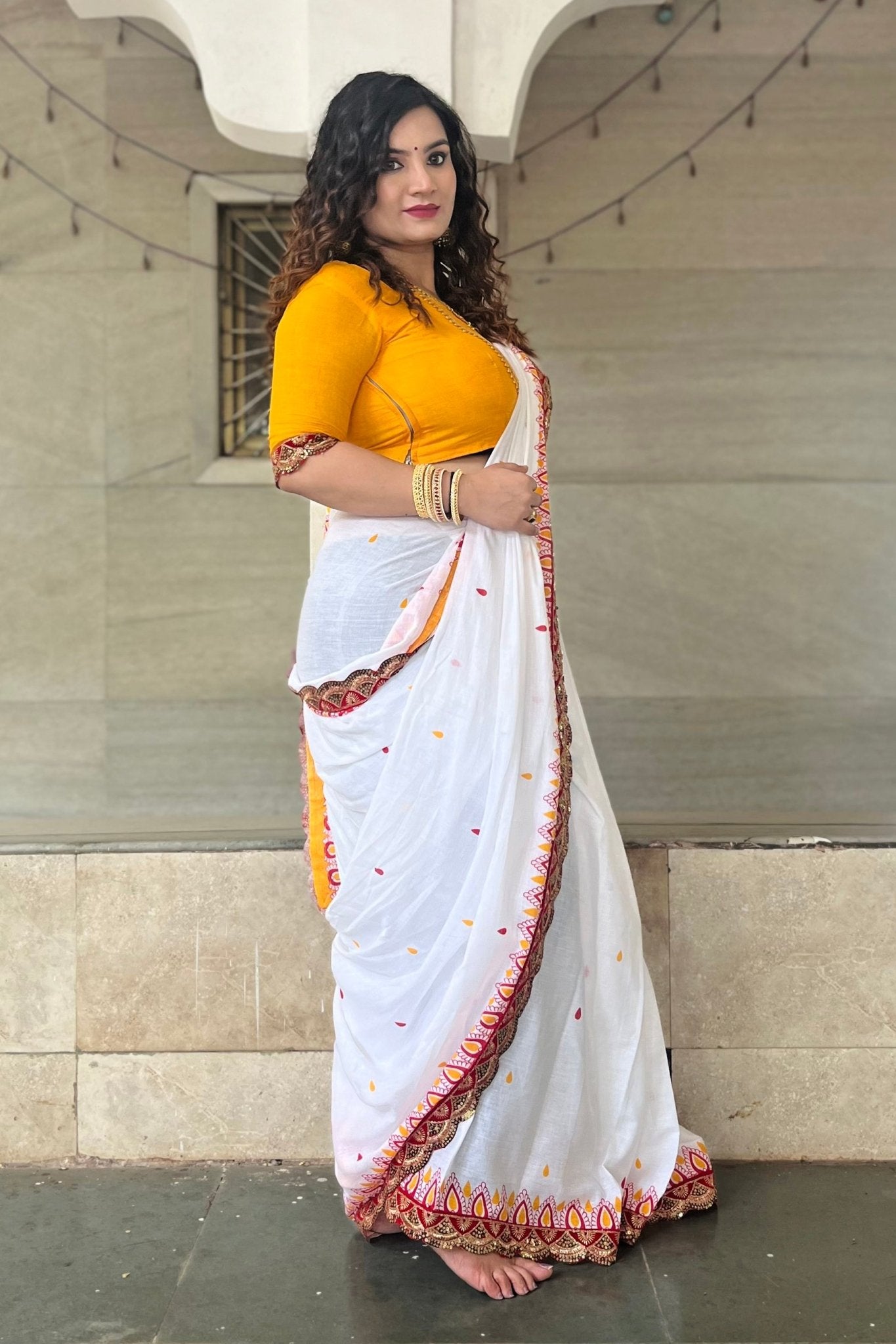 White Cotton Saree with Durga Print Blouse - Ressa