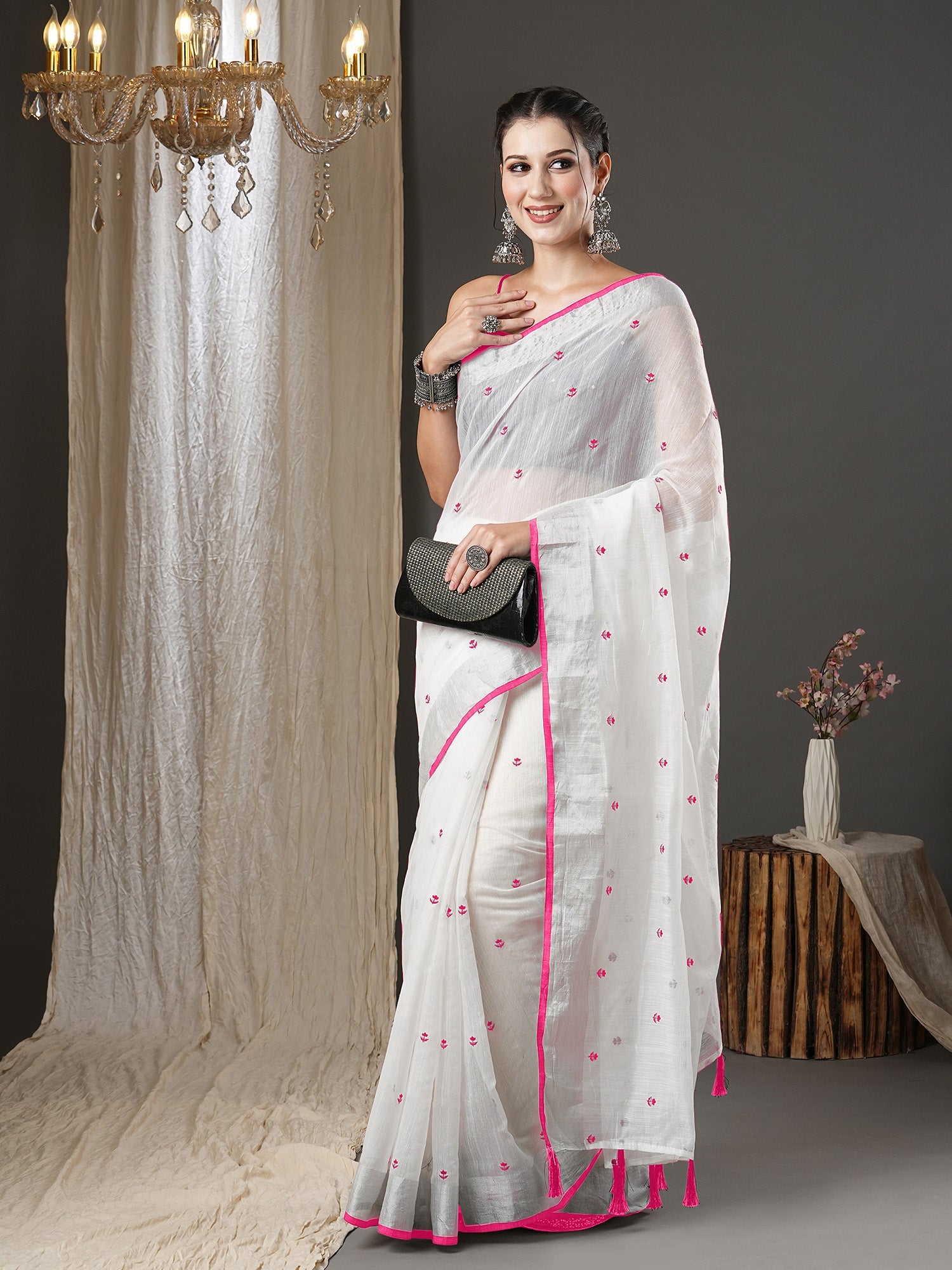 White Cotton Silk Embroidered Saree - Ressa