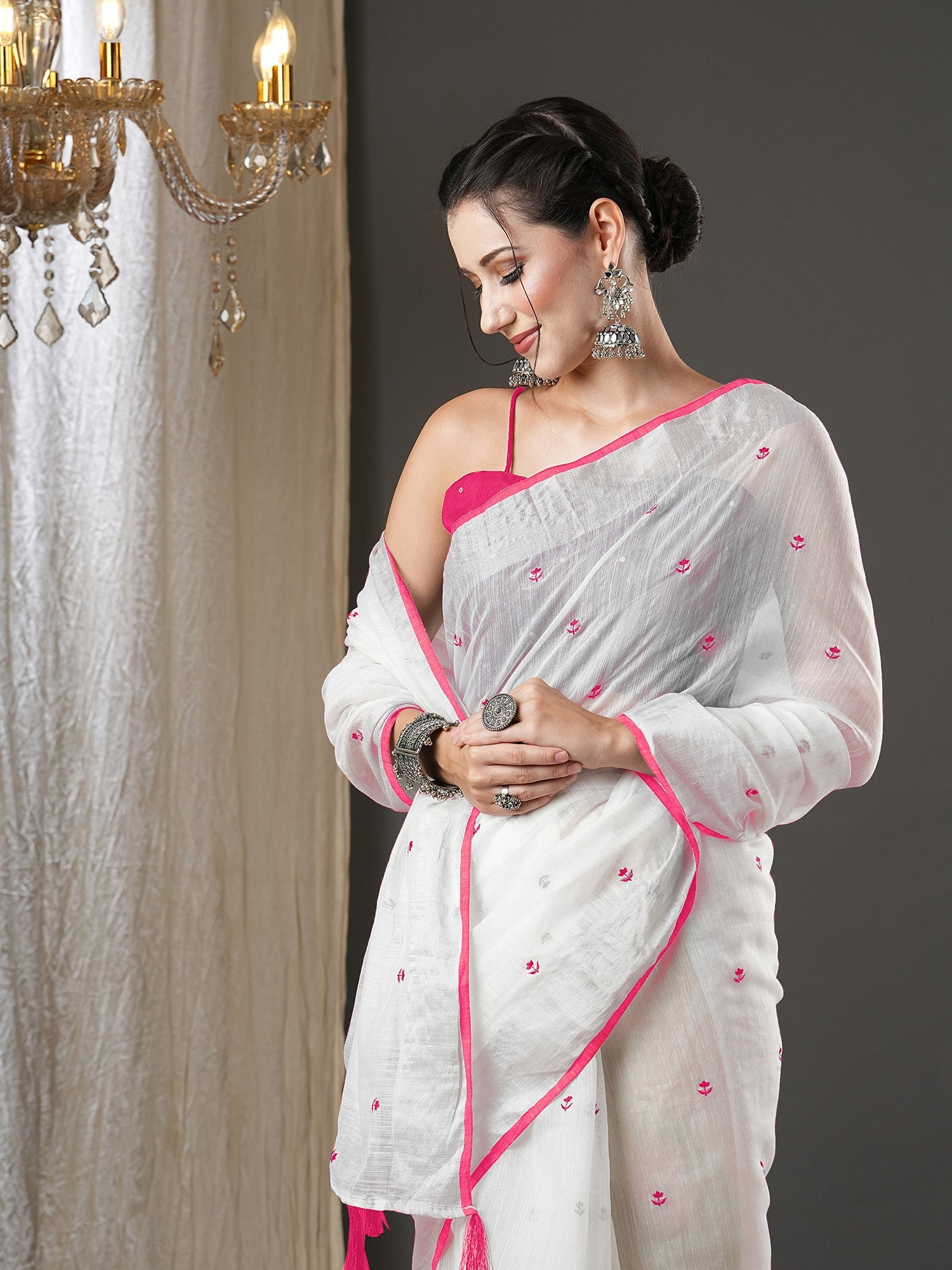 White Cotton Silk Embroidered Saree - Ressa
