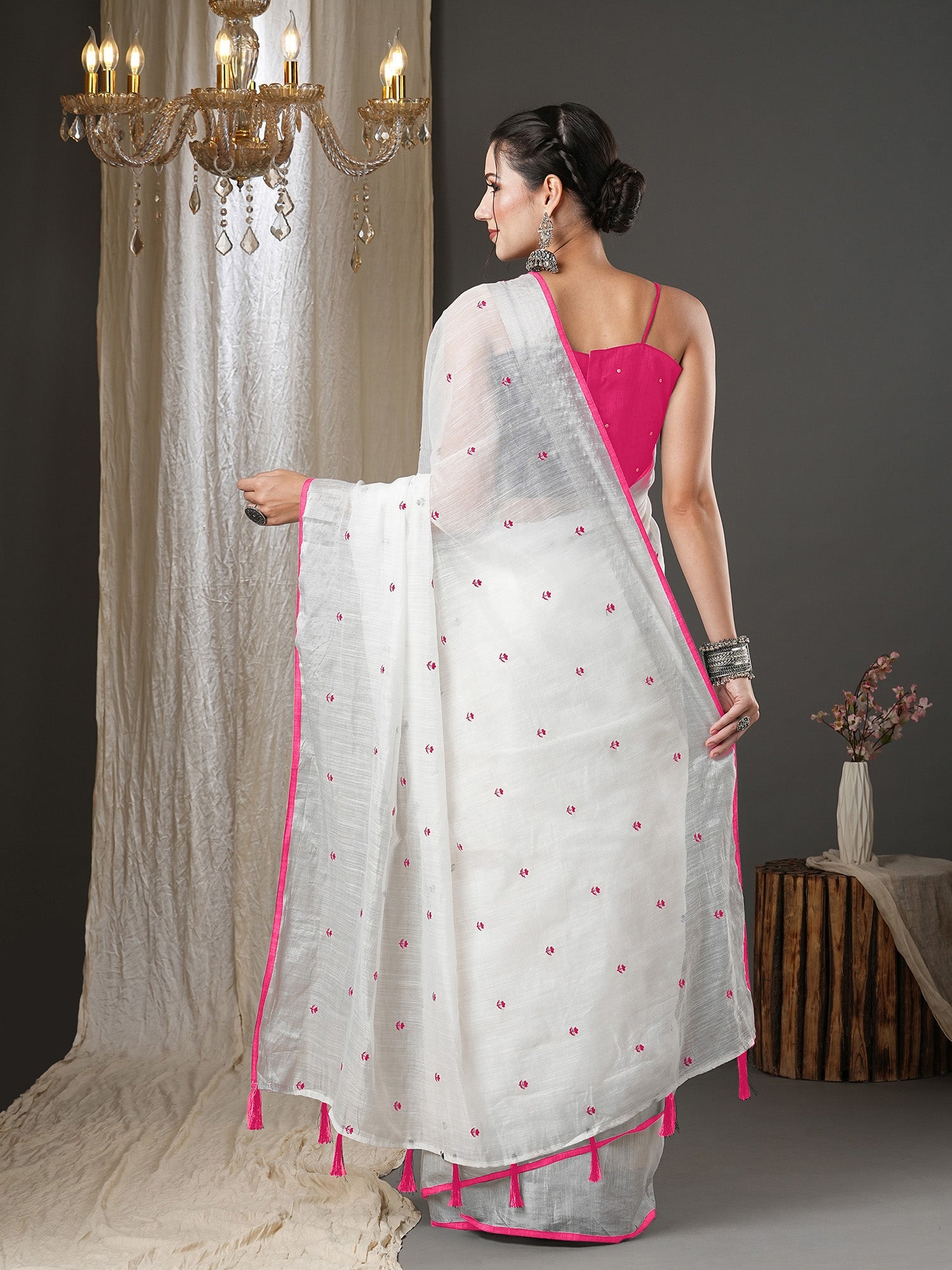 White Cotton Silk Embroidered Saree - Ressa