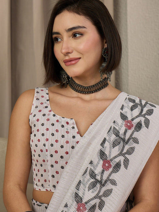 White Cotton Slub Printed Saree - Ressa