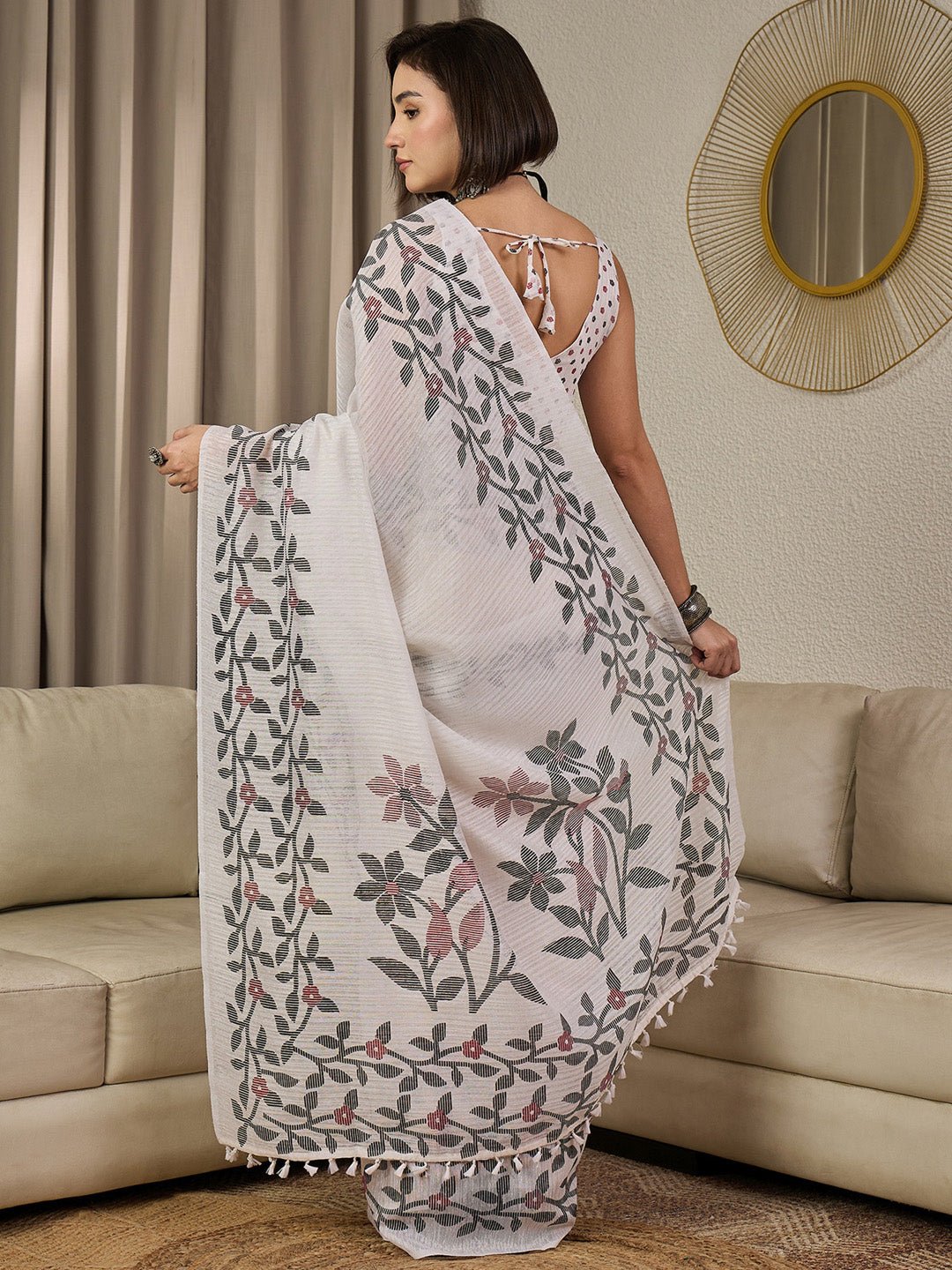 White Cotton Slub Printed Saree - Ressa