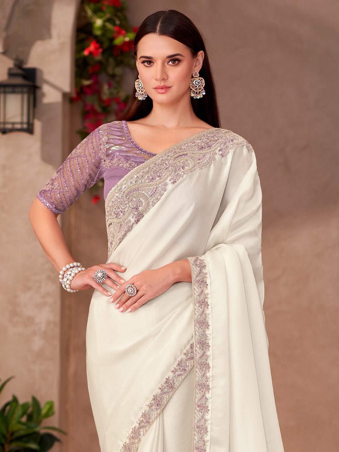 White Embellished Party wear Saree - Ressa