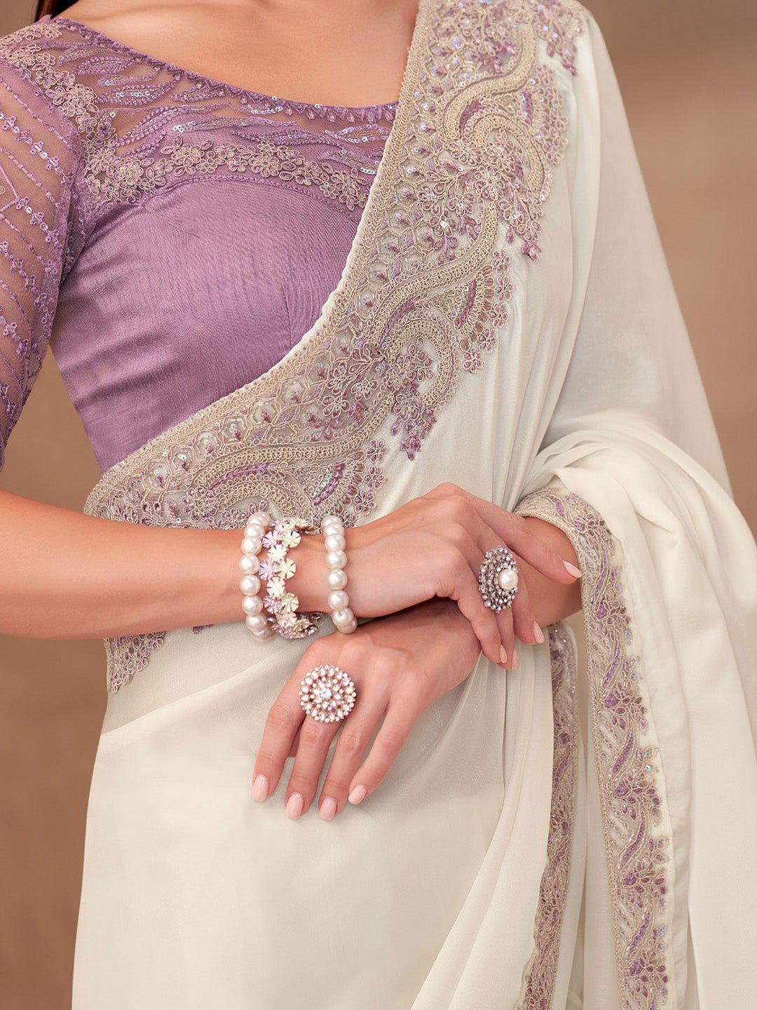 White Embellished Party wear Saree - Ressa