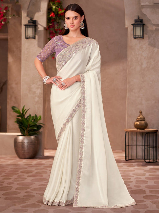 White Embellished Party wear Saree - Ressa