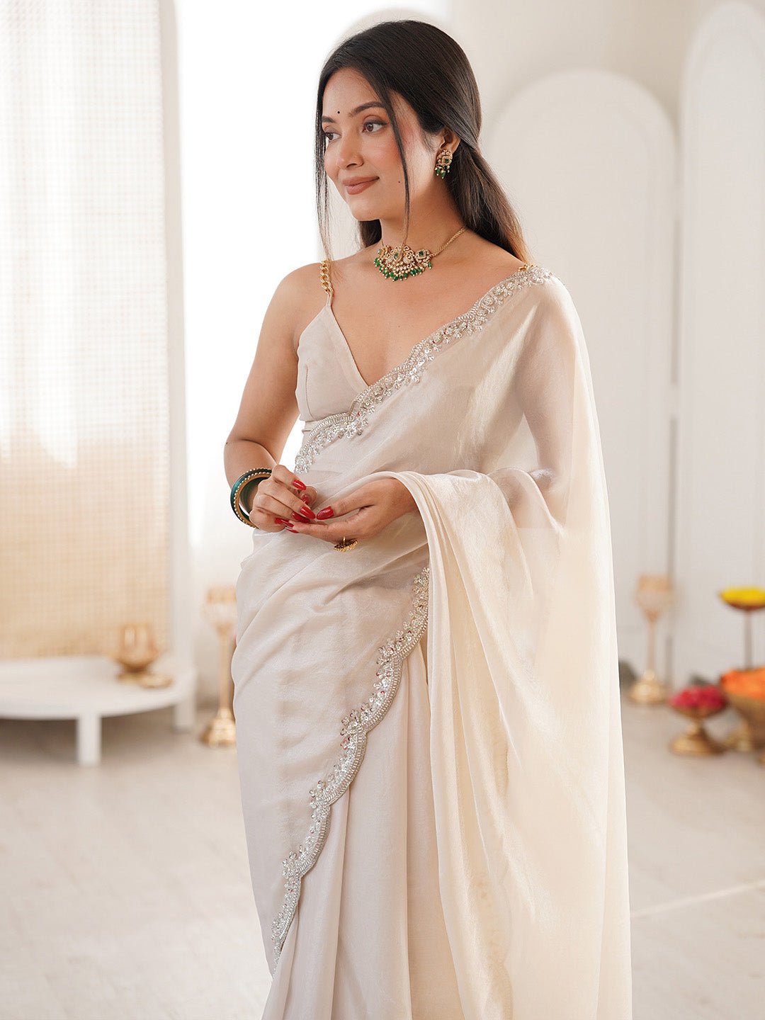 White Emblished Satin Saree - Ressa