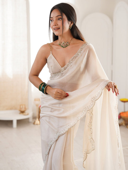 White Emblished Satin Saree - Ressa