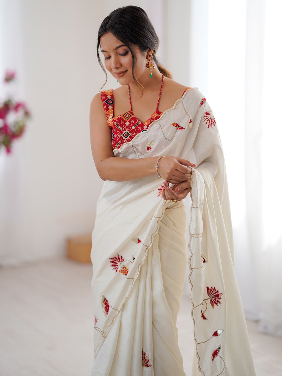 White Embroidered Georgette Saree - Ressa