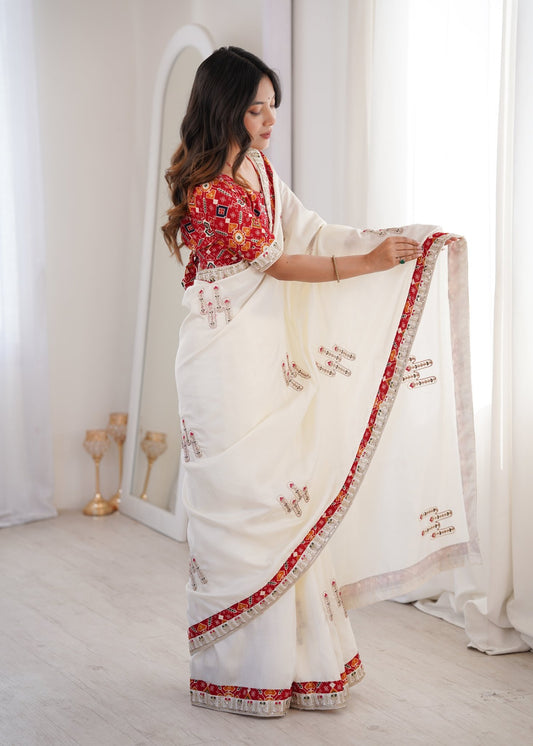 White Embroidered Saree with Red Patola Blouse | Mirror & Sequin Work - Ressa
