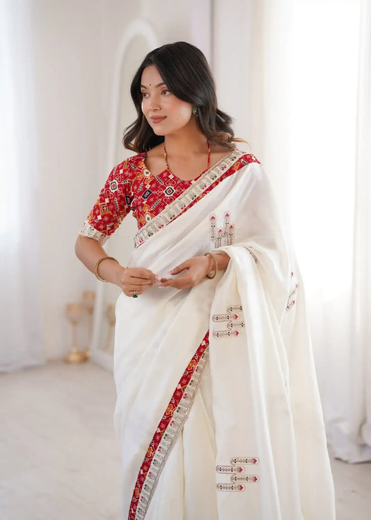 White Embroidered Saree with Red Patola Blouse | Mirror & Sequin Work