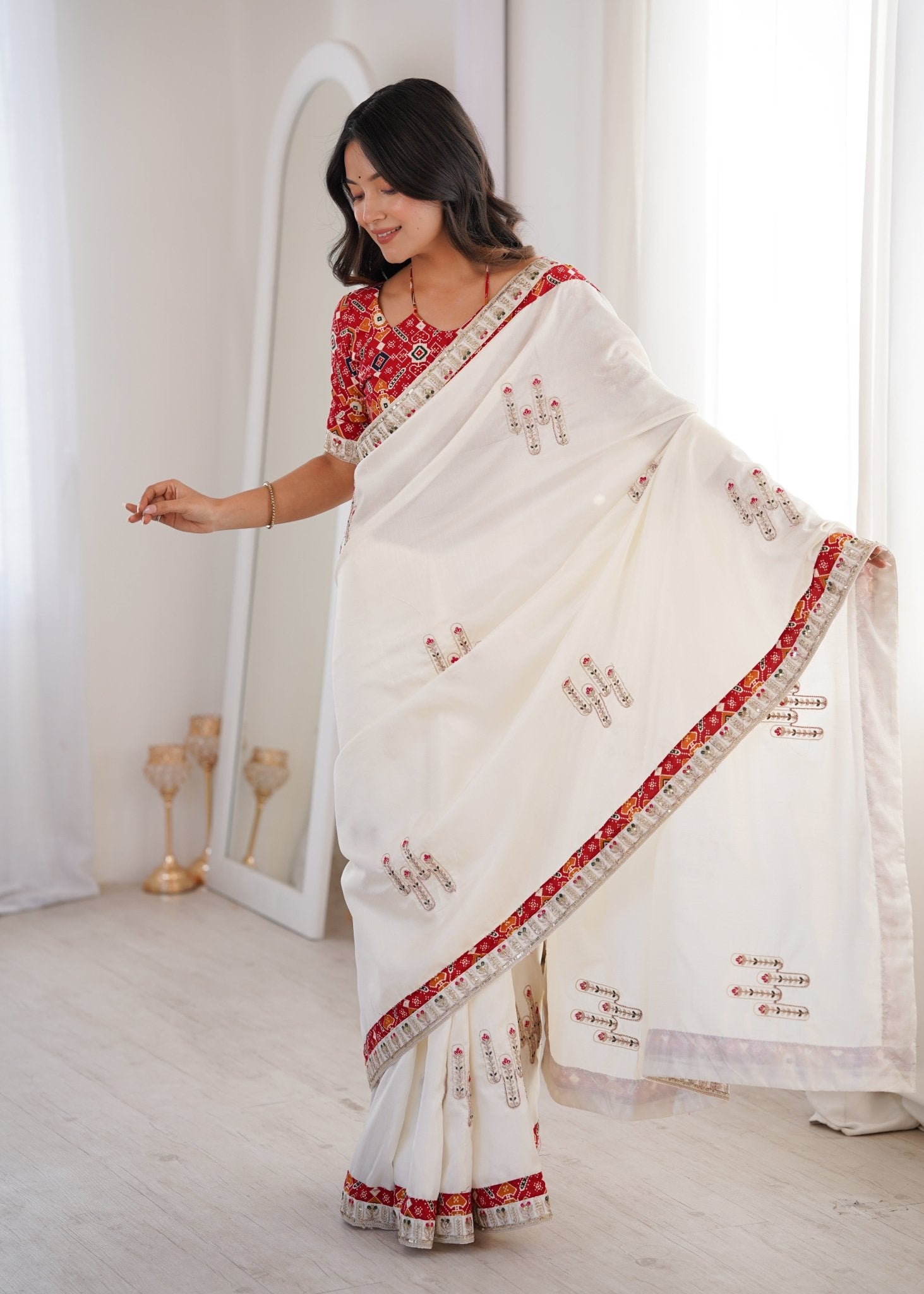 White Embroidered Saree with Red Patola Blouse | Mirror & Sequin Work - Ressa