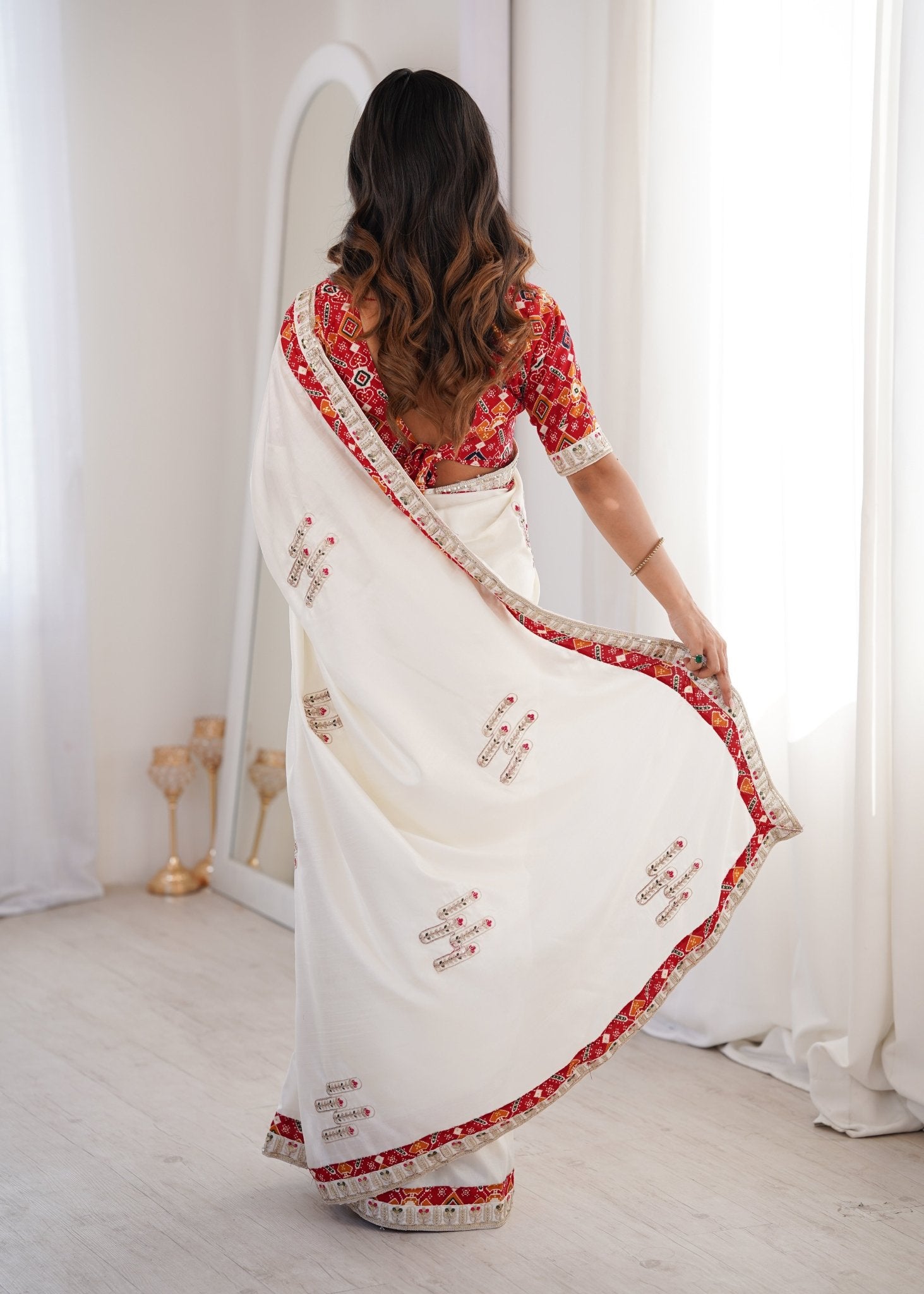 White Embroidered Saree with Red Patola Blouse | Mirror & Sequin Work - Ressa