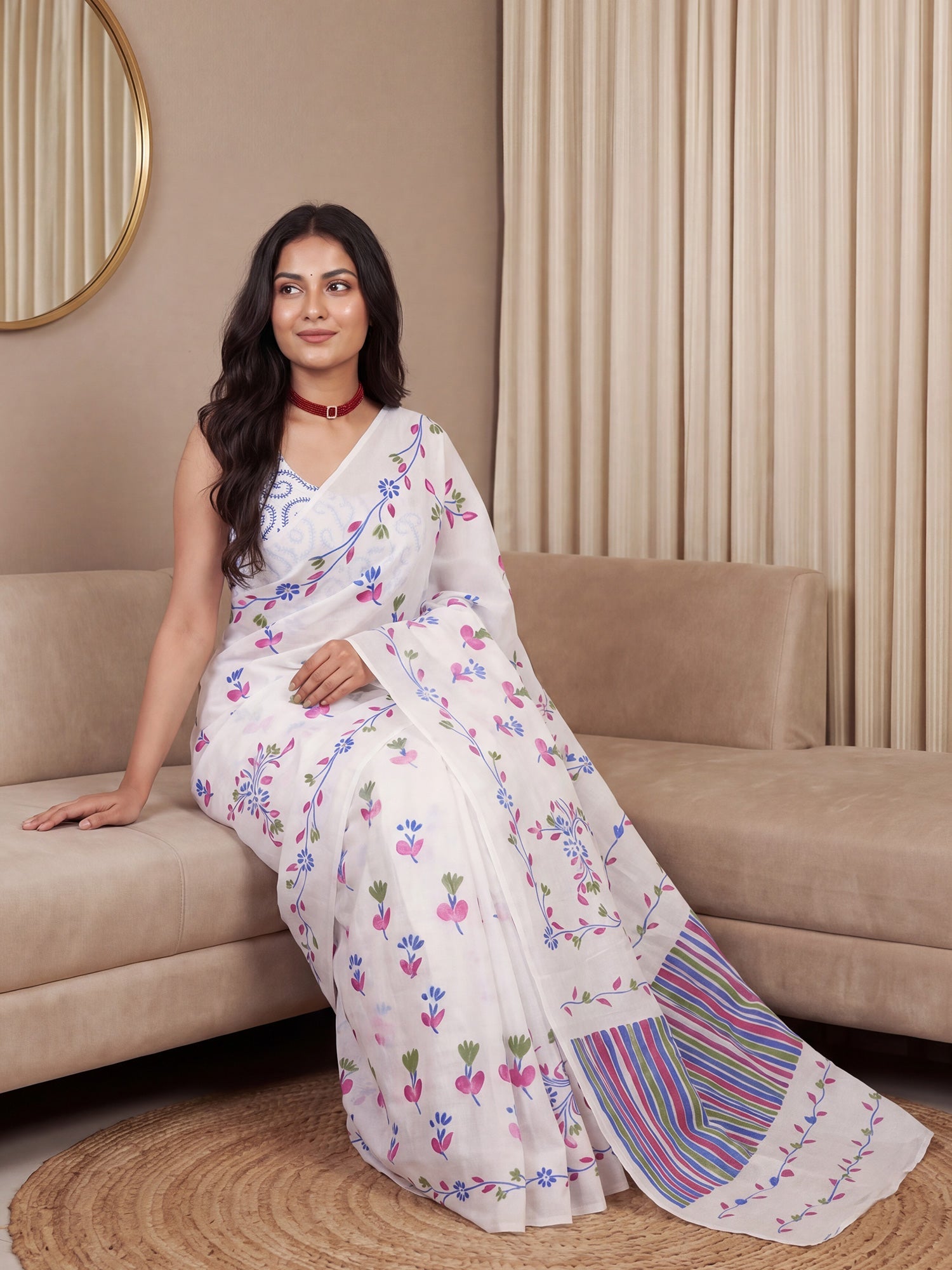 White Floral Digital Print Saree - Ressa