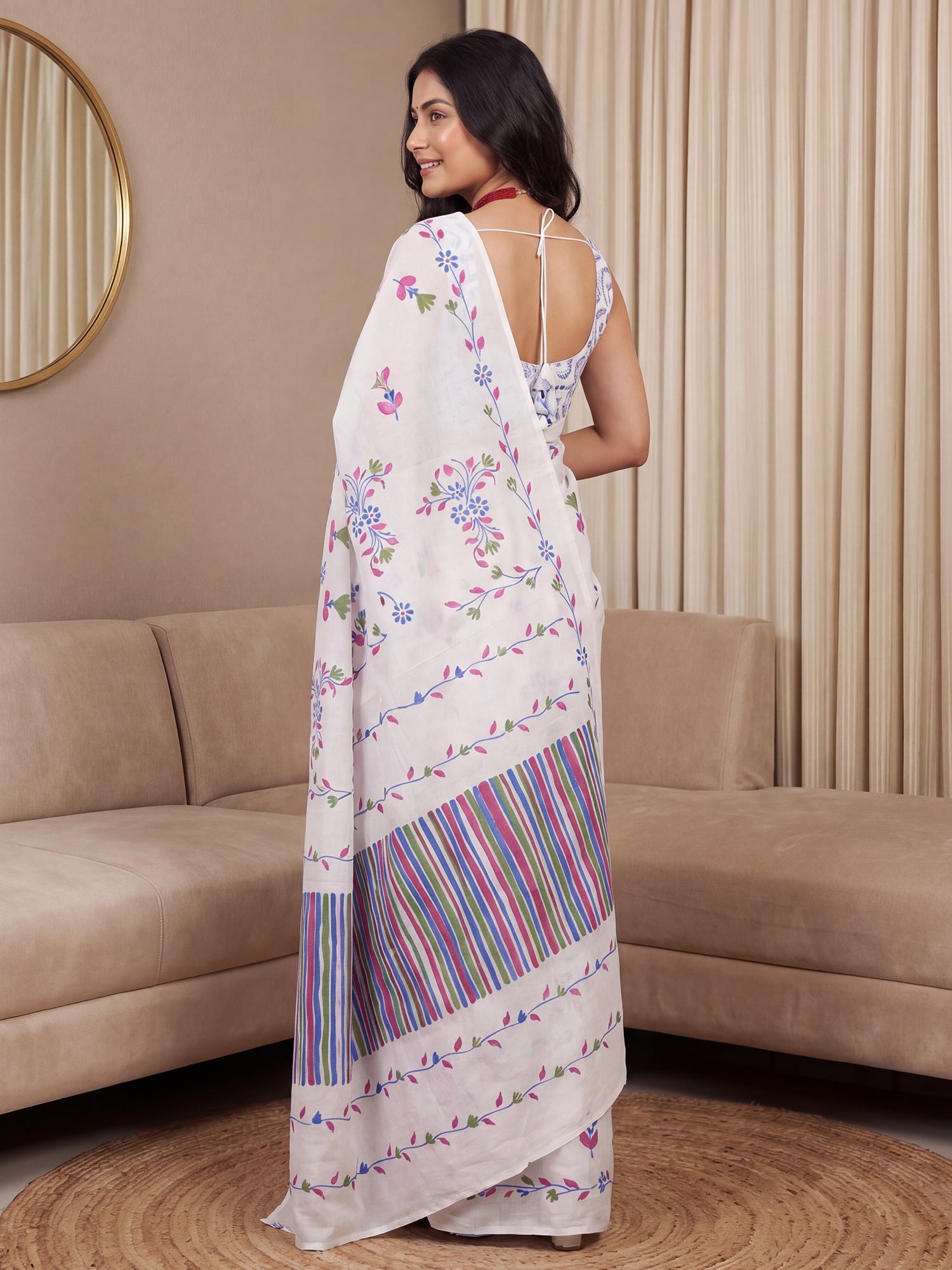 White Floral Digital Print Saree - Ressa