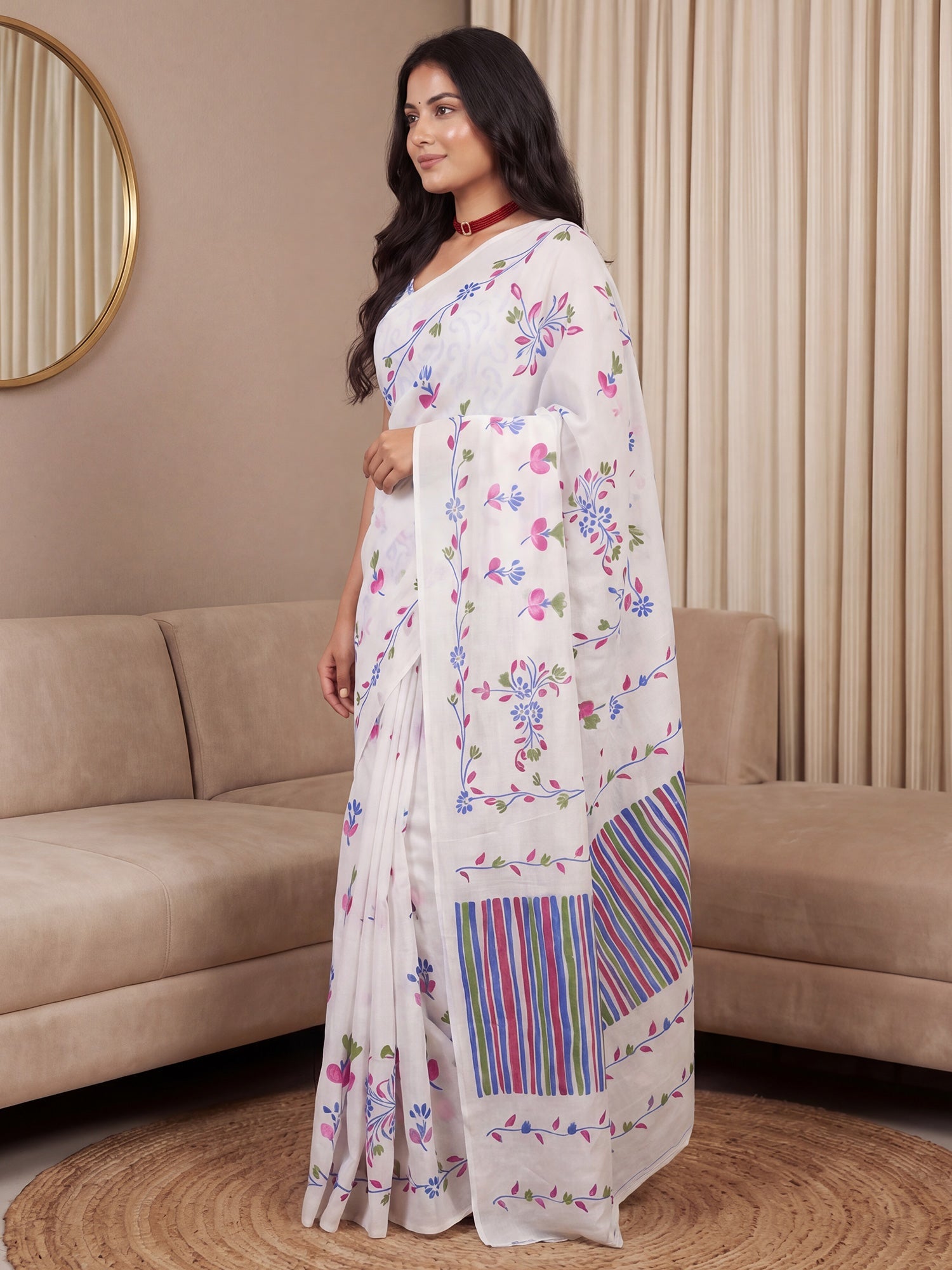 White Floral Digital Print Saree - Ressa
