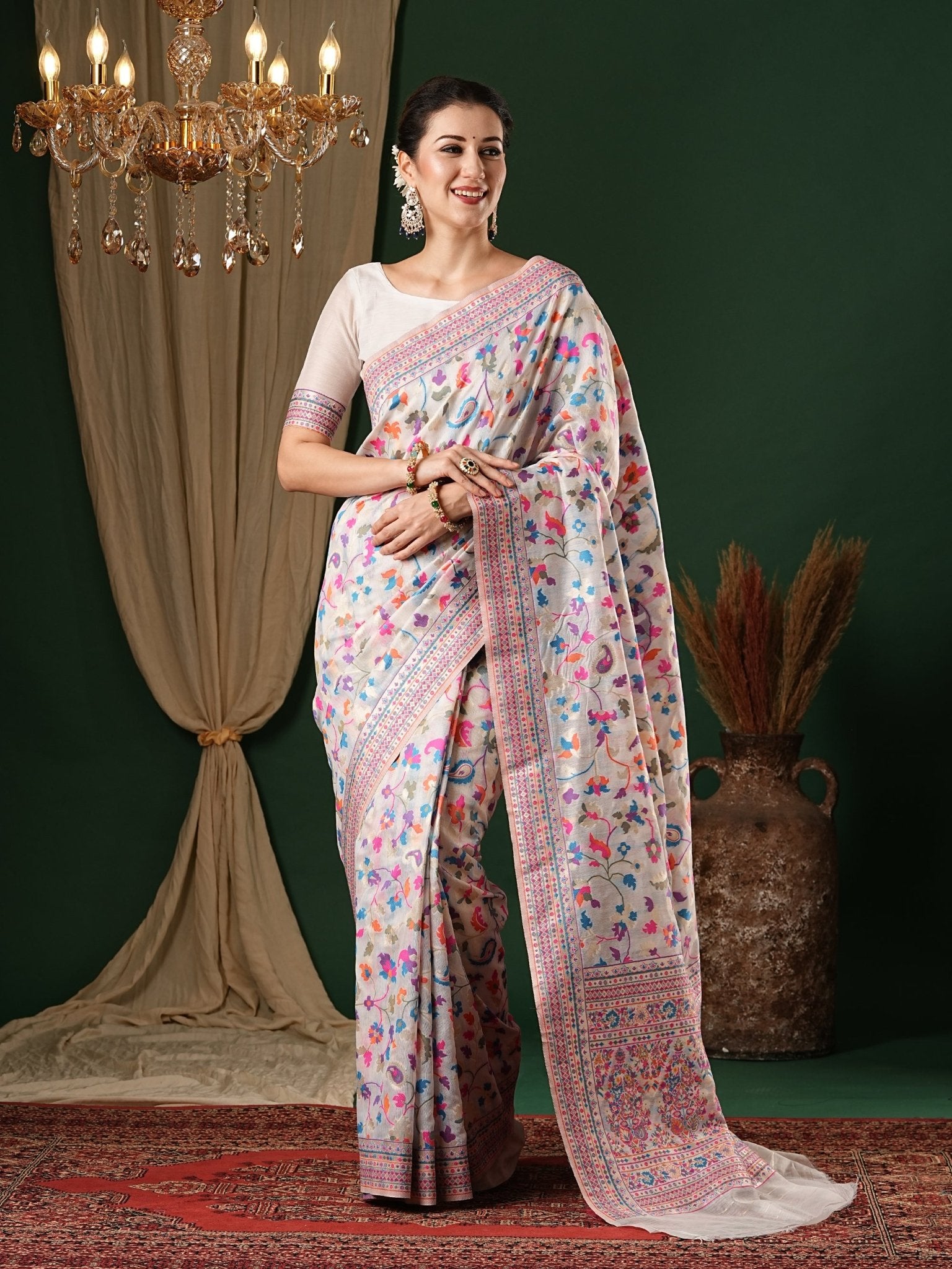 White Floral Kashmiri Silk Saree - Ressa