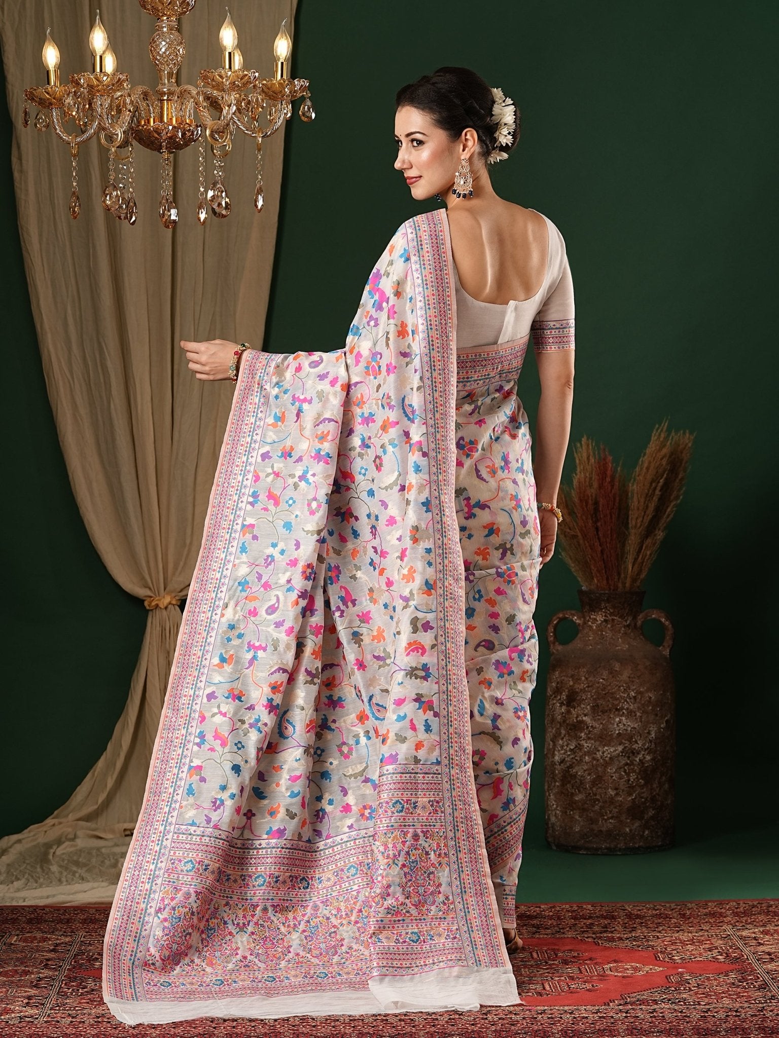 White Floral Kashmiri Silk Saree - Ressa