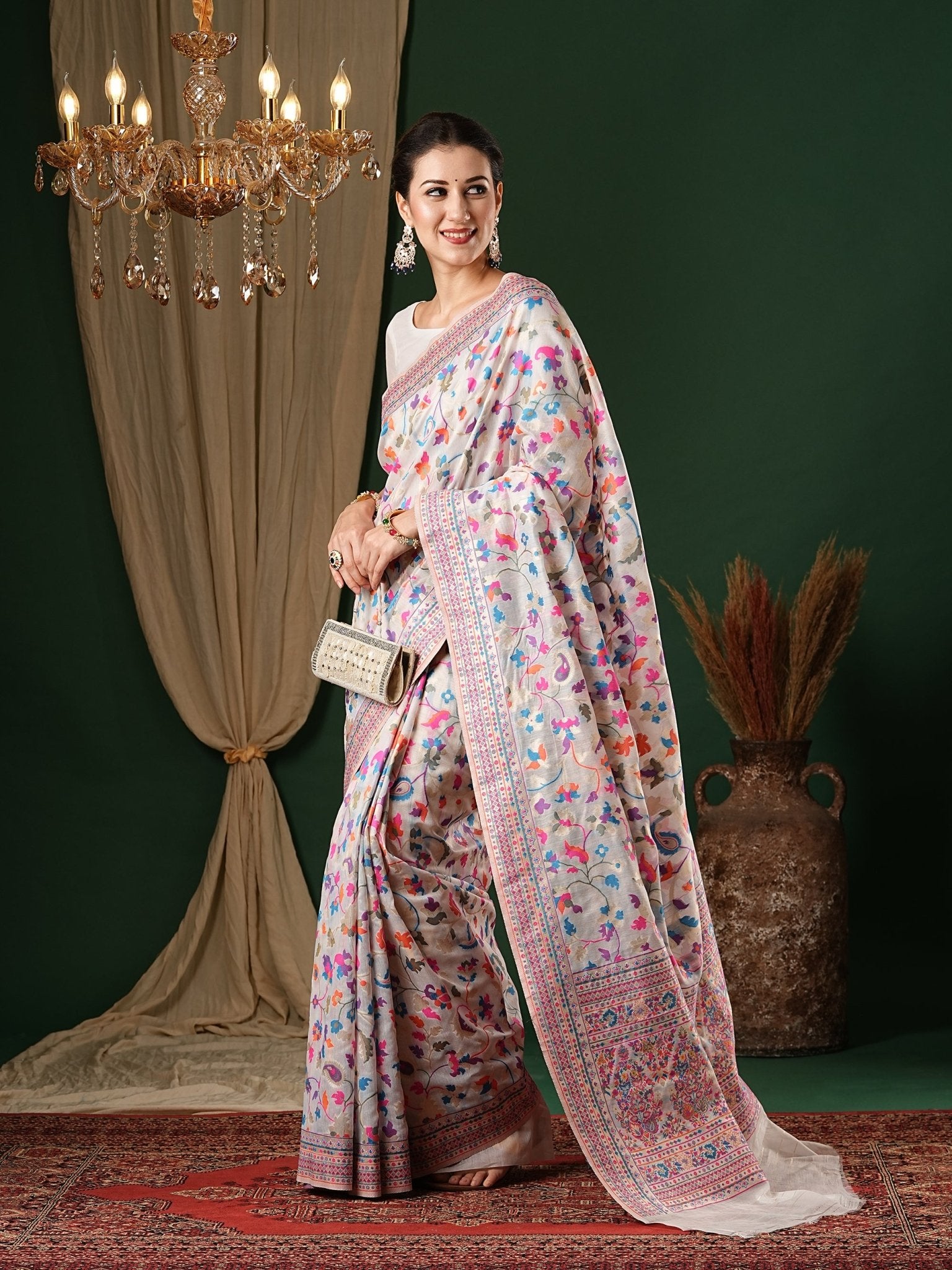 White Floral Kashmiri Silk Saree - Ressa