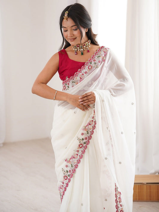 White Georgette Emblished Party Wear Saree - Ressa